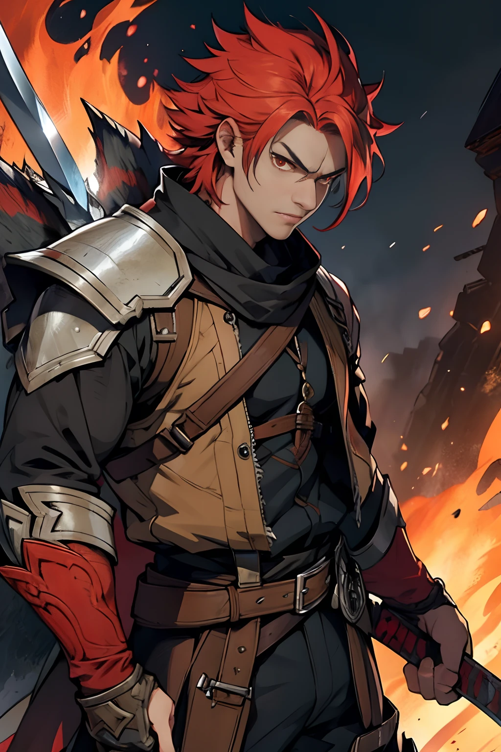 Fire damaged hair,1 man, Red Eyes, Serious expression, Monster Hunter Style, sword on hand, rowdy, high details