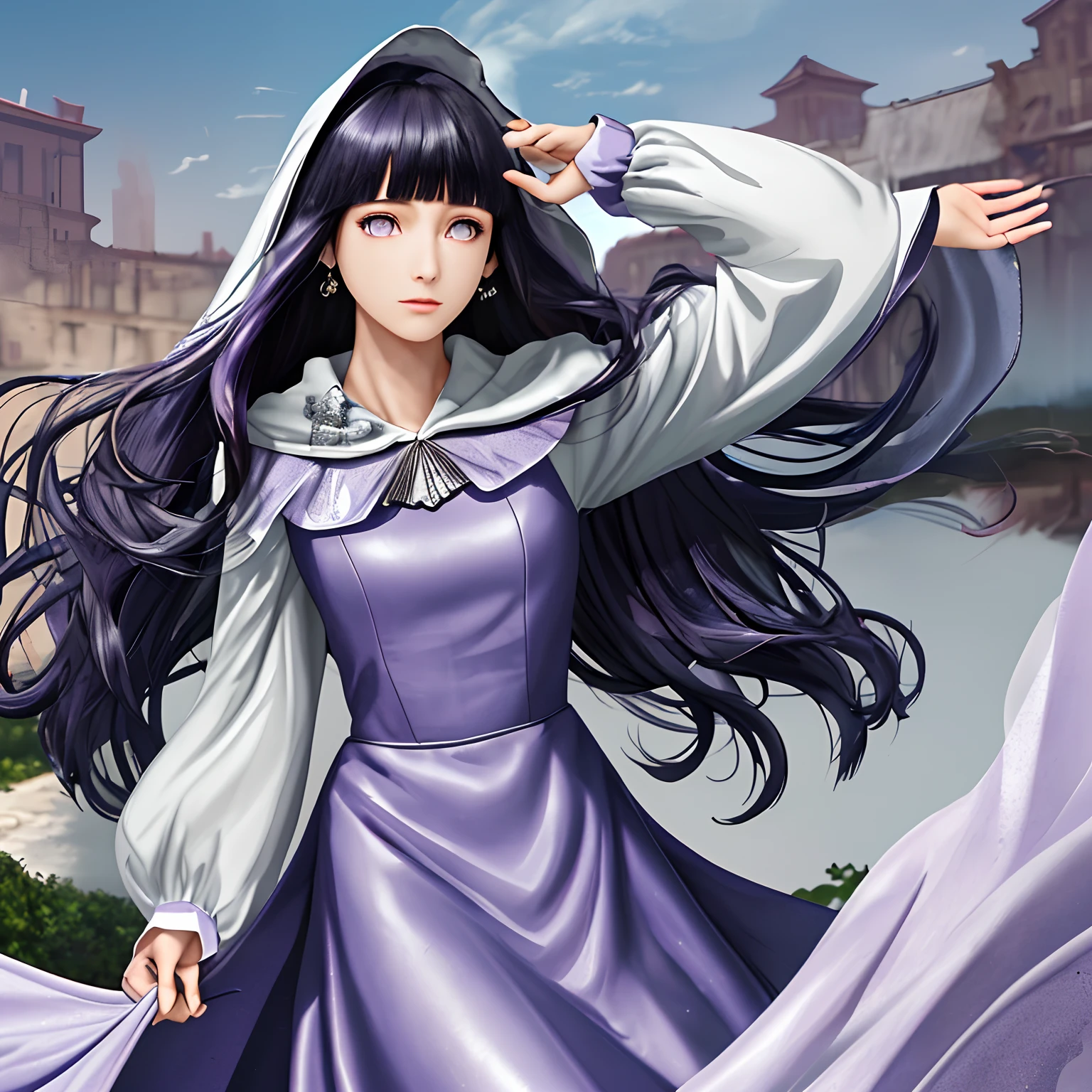 （A high resolution，ultra - detailed）， offcial art, Unity 8k壁纸, Ultra-detailed, Beautiful and aesthetically pleasing, tmasterpiece, best qualityer,long  skirt，Slim and slim girl，Wear a tulle dress with shimmering broken diamonds，With a hood，Hood head，The material of the clothes is very light，Gaia style，The clothes are wrapped in an auspicious cloud pattern,Blunt Bangs, purple eyes, long wavy dark blue hair