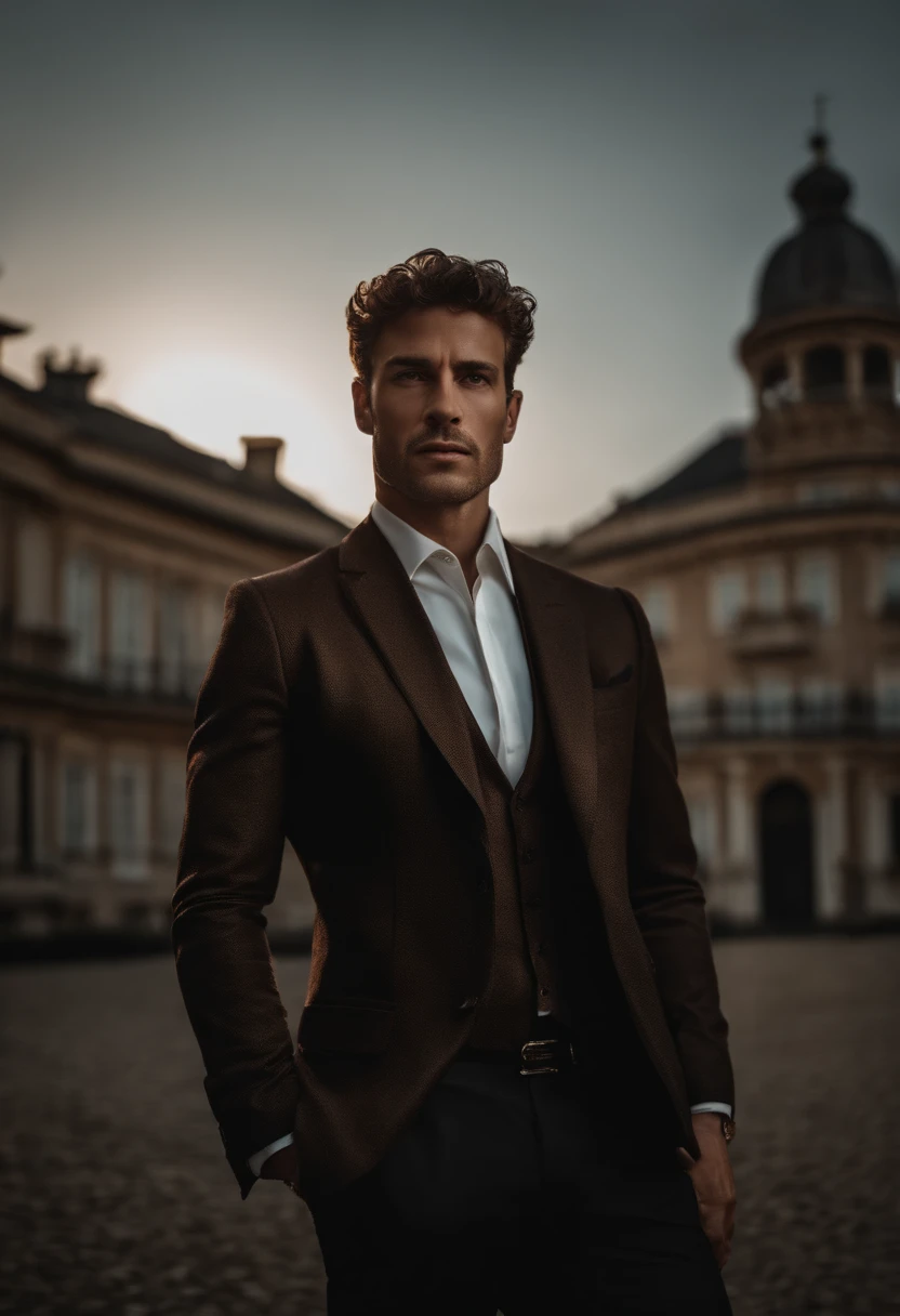 corps entier, wide-angle photo close-up portrait of the body of a handsome man with back turned, lamborghini, (40 ans:1.1), (shaven:1.2) , (curly short brown hair:1.2),(Cheveux courts:1.3). Dark brown tight velvet suit, (La veste a des motifs de fleurs noires:1.2). (posing outside the mansion with a lamborghini:1.1), crowded street with cafes in the distance, Cold and dark sunset at dusk, (Edge Light:1.1),(Concentrez-vous sur les yeux), (angry look), (hard light on the skin:1.2), (ombres dures, dark themed, Contraste profond:1.1), (photographie de portrait par Annie Liebovitz), Dark mint theme and choral aesthetics, (skin imperfections)