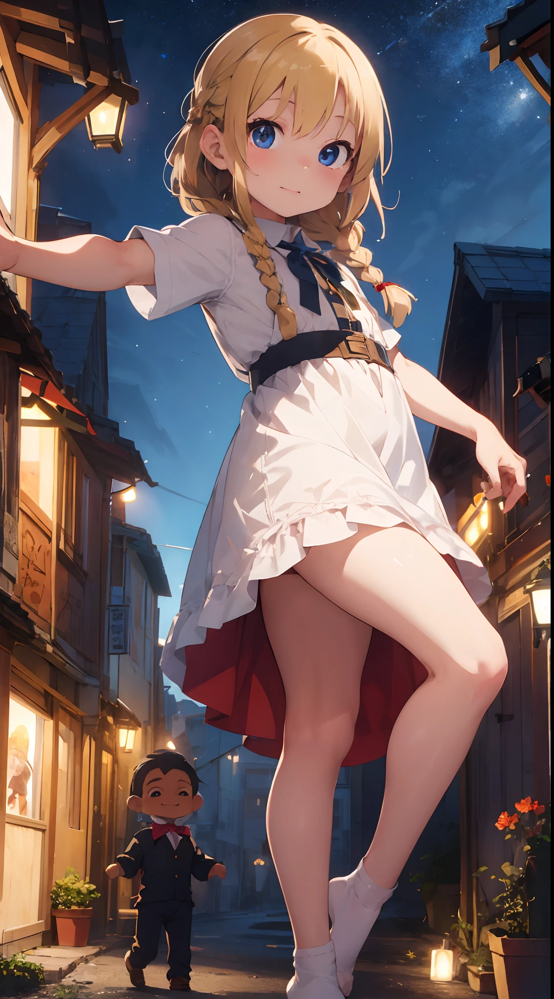 top-quality、masterpiece、The upper part of the body、
(little man:1.6)Ukrainian women、(a smirk:0.4)、
braided blond hair、
emerald eyes、
Medieval sundress、
Suspended light particles、central、