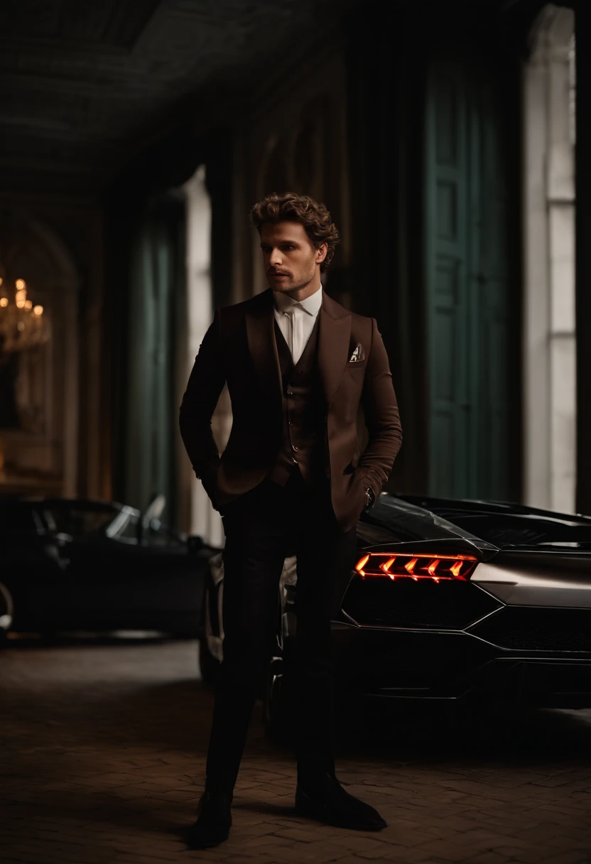 corps entier, wide-angle photo portrait of the body of a handsome man with back turned near lamborghini, (40 ans:1.1), (shaven:1.2) , (curly short brown hair:1.2),(Cheveux courts:1.3). Dark brown tight velvet suit, (La veste a des motifs de fleurs noires:1.2). (posing outside the mansion with a lamborghini:1.1), crowded street with cafes in the distance, Cold and dark sunset at dusk, (Edge Light:1.1),(Concentrez-vous sur les yeux), (angry look), (hard light on the skin:1.2), (ombres dures, dark themed, Contraste profond:1.1), (photographie de portrait par Annie Liebovitz), Dark mint theme and choral aesthetics, (skin imperfections)