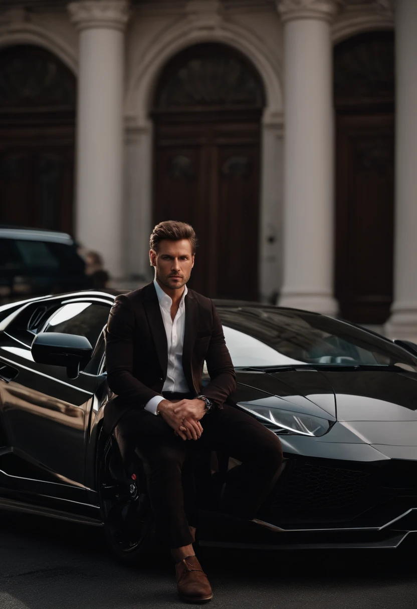 corps entier, wide-angle photo portrait of the body of a handsome man with back turned near lamborghini, (40 ans:1.1), (shaven:1.2) , (curly short brown hair:1.2),(Cheveux courts:1.3). Dark brown tight velvet suit, (La veste a des motifs de fleurs noires:1.2). (posing outside the mansion with a lamborghini:1.1), crowded street with cafes in the distance, Cold and dark sunset at dusk, (Edge Light:1.1),(Concentrez-vous sur les yeux), (angry look), (hard light on the skin:1.2), (ombres dures, dark themed, Contraste profond:1.1), (photographie de portrait par Annie Liebovitz), Dark mint theme and choral aesthetics, (skin imperfections)