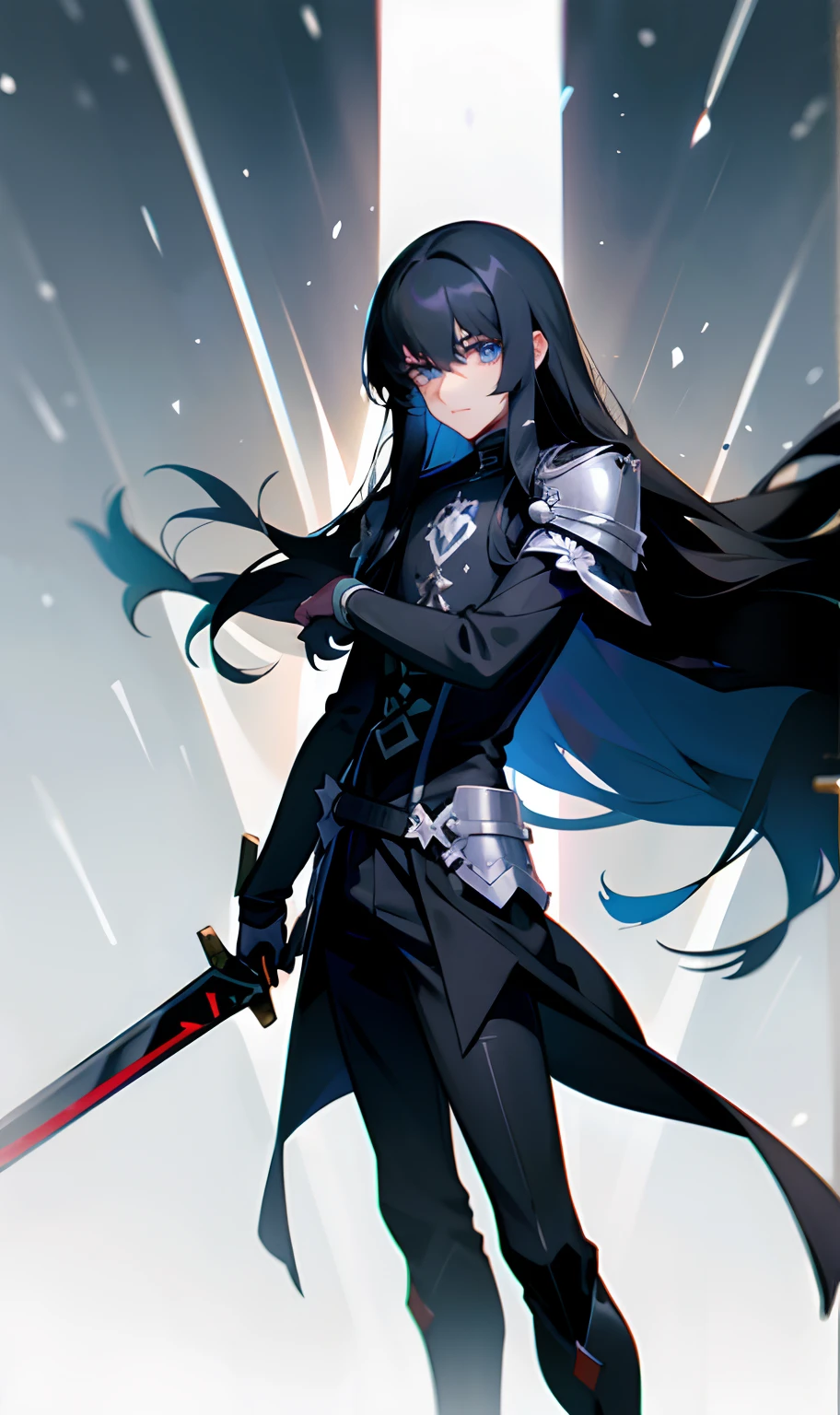 A slightly healed man with long black hair down to his legs wearing black paladin armor while holding a very long black sword while his eyes are white the color of snow