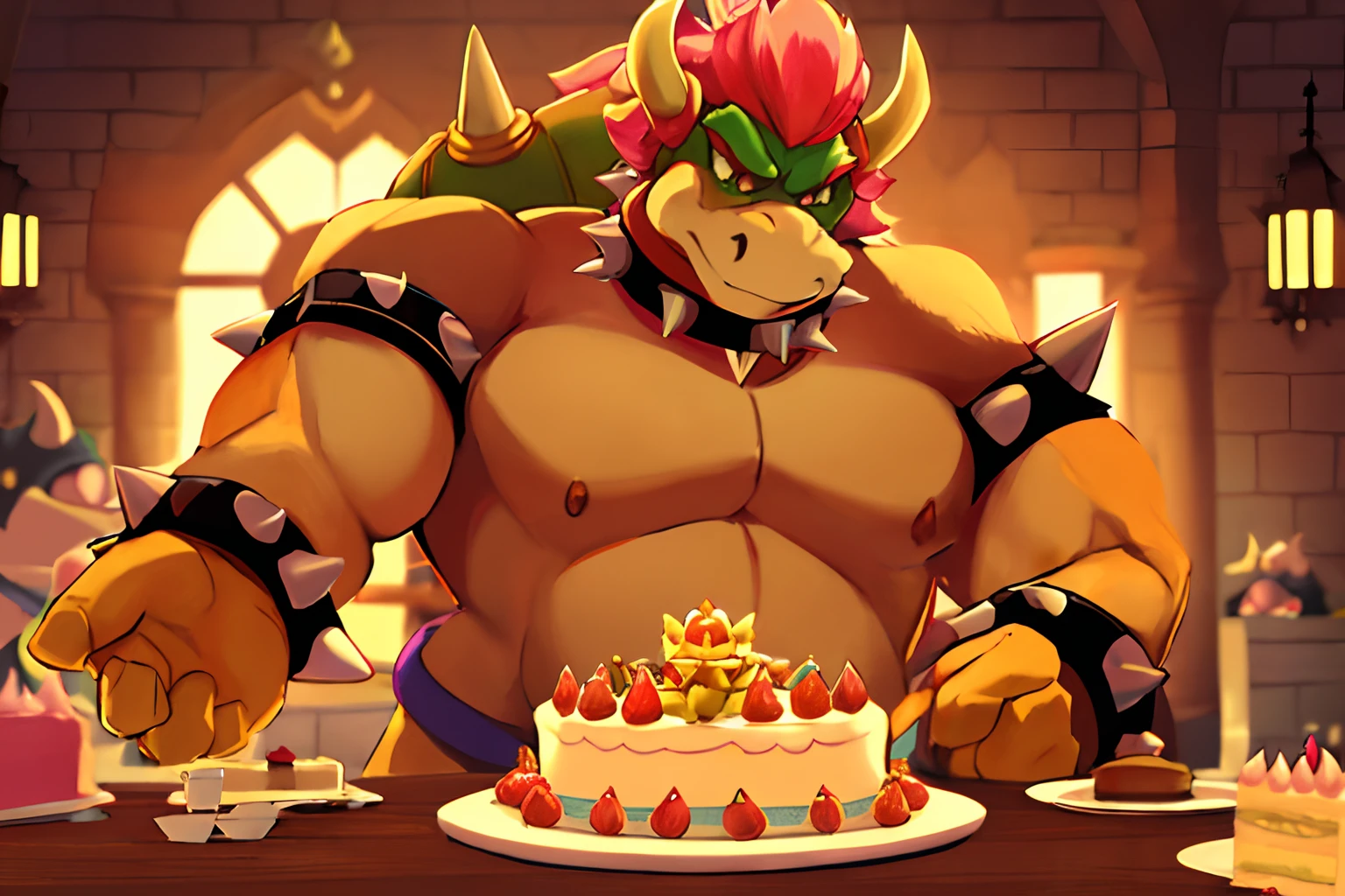 bowser, (princess peach), larger male, spiked collar, (1boy), (1girl), duo, masterpiece, perfect lighting, absurdres, detailed hair, big penis, unseen male face, (sfw:1.1), castle kitchen, (baking a cake:1.1), cake, food, table, happy, cute, (grabbing),