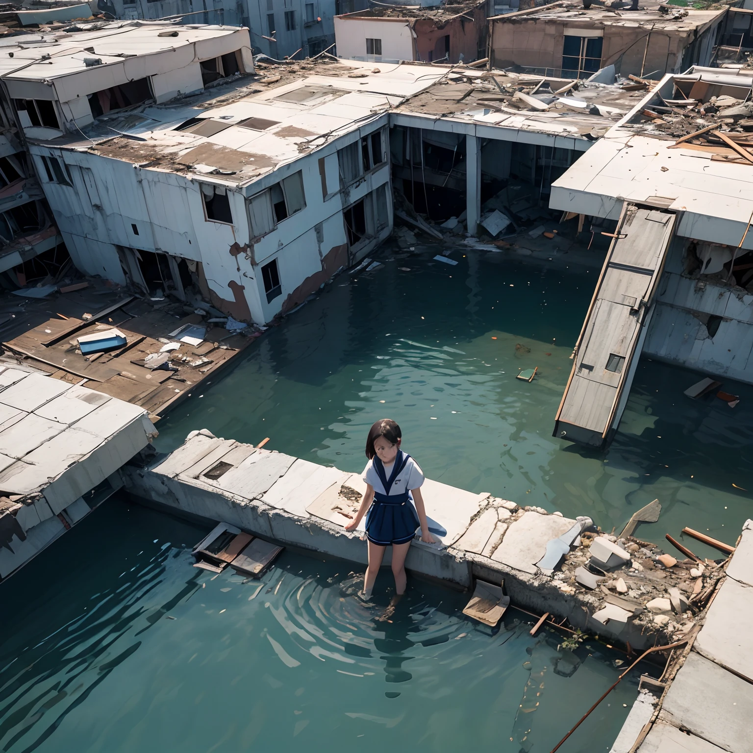 A girl in a sailor suit looks down on the world from the roof of a dilapidated building, in a world that is in ruins and submerged in water.