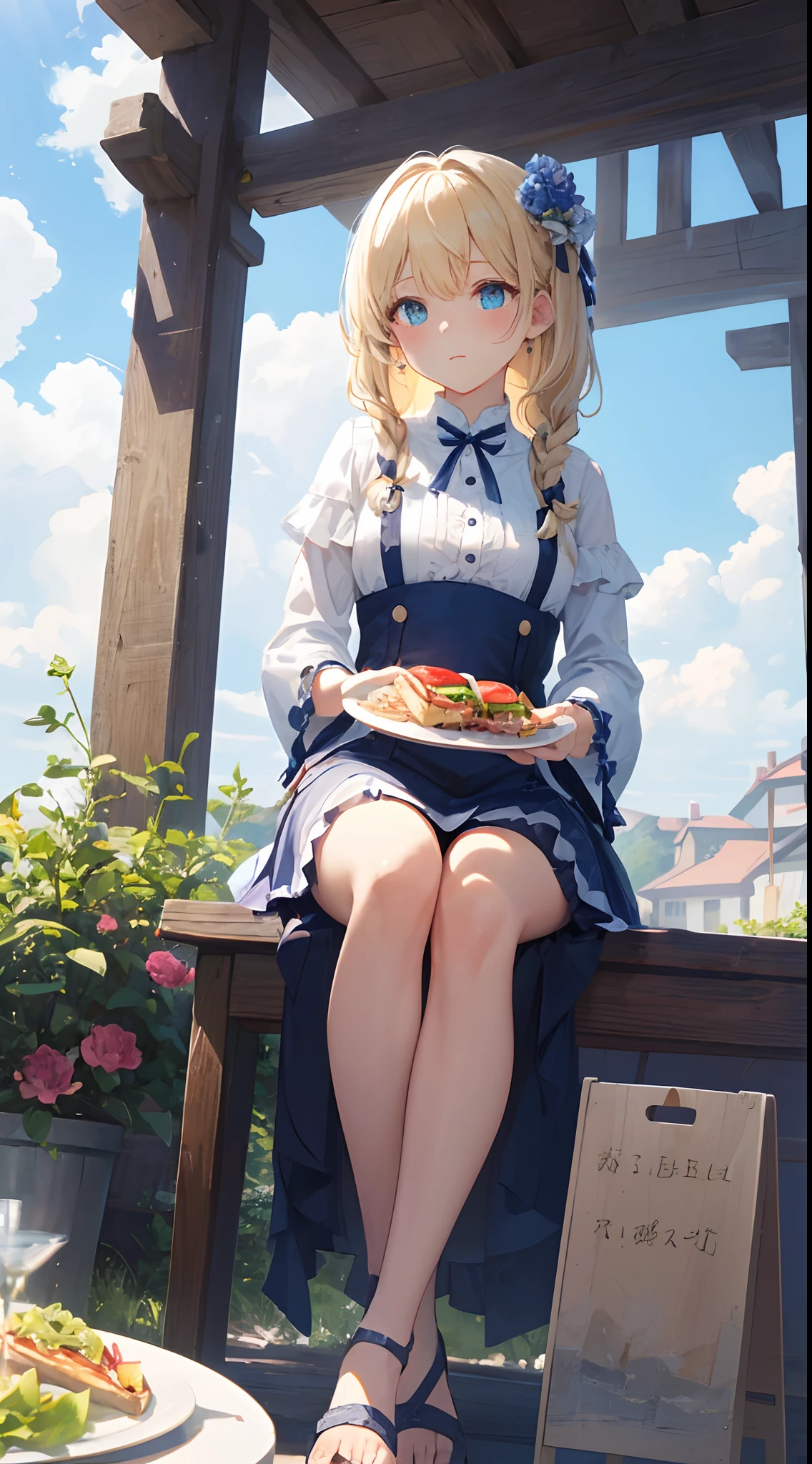 sandwich:Bread with white bread、Ingredients are ham, cheese, lettuce and tomatoes、It is topped with mayonnaise and mustard。The sandwich is cut and、Cross-section is visible。The sandwich is on the plate.、Served with napkins, forks and knives。 girl with:Her hair is blonde and long.、Braided。The face is round and cute。Clothes in white and blue dresses、Has a floral pattern。Shoes in white sandals、Ribbons are attached to the ankles。The girl is sitting、I have a sandwich in my hand.、Eating happily。 scene:There is a beautiful scene floating in the background.、Blue sky, white clouds, green meadow and colorful flowers。The scene is softly painted like a watercolor painting.、It has a dreamy atmosphere。The scene expresses the imagination and sensibility of the girl、Pubic hair shows through、(Beautiful bare pubic hair) ,more_Details:1.5, (More and more_Details:1.9)、