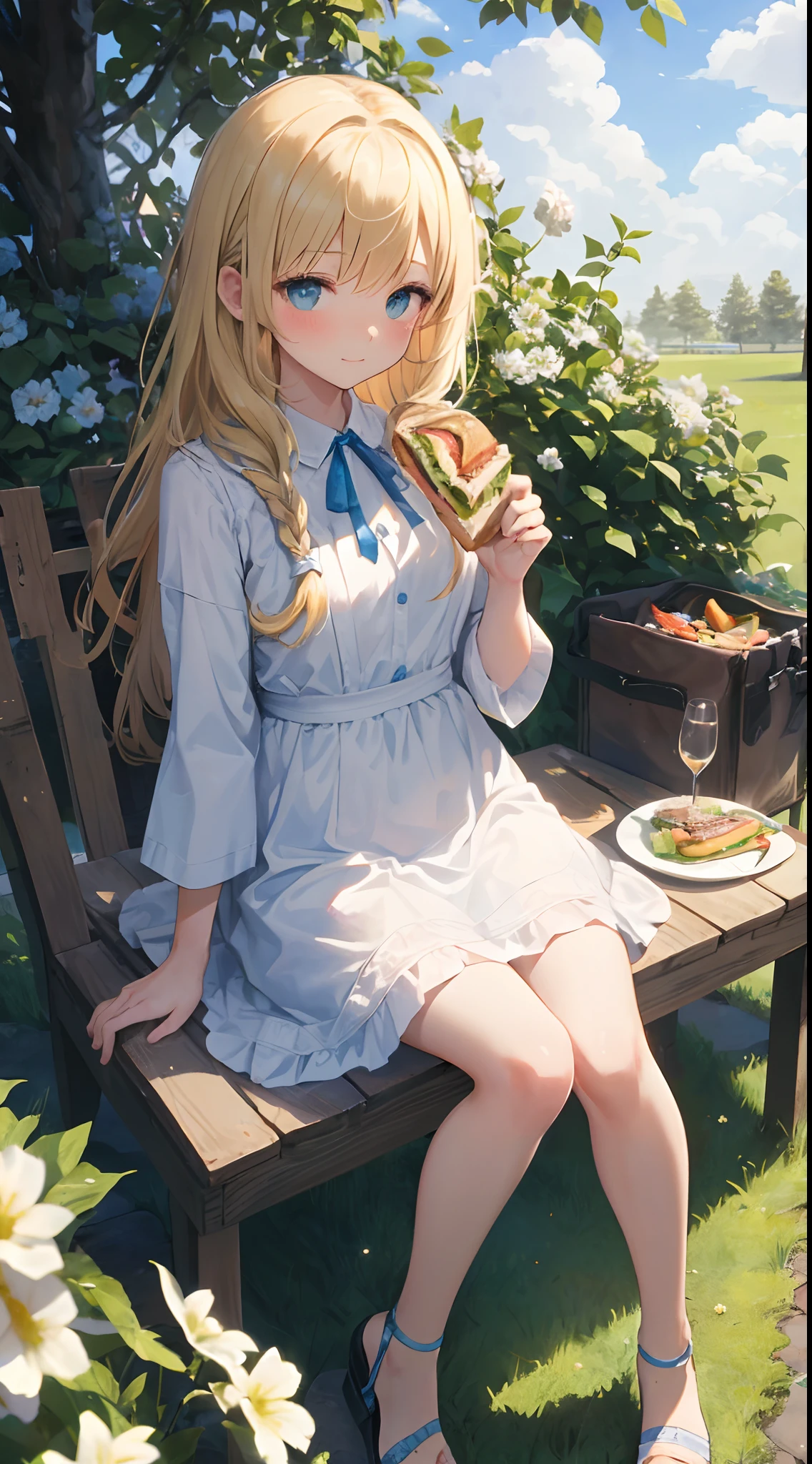 sandwich:Bread with white bread、Ingredients are ham, cheese, lettuce and tomatoes、It is topped with mayonnaise and mustard。The sandwich is cut and、Cross-section is visible。The sandwich is on the plate.、Served with napkins, forks and knives。 girl with:Her hair is blonde and long.、Braided。The face is round and cute。Clothes in white and blue dresses、Has a floral pattern。Shoes in white sandals、Ribbons are attached to the ankles。The girl is sitting、I have a sandwich in my hand.、Eating happily。 scene:There is a beautiful scene floating in the background.、Blue sky, white clouds, green meadow and colorful flowers。The scene is softly painted like a watercolor painting.、It has a dreamy atmosphere。The scene expresses the imagination and sensibility of the girl、Pubic hair shows through、(Beautiful bare pubic hair) ,more_Details:1.5, (More and more_Details:1.9)、
