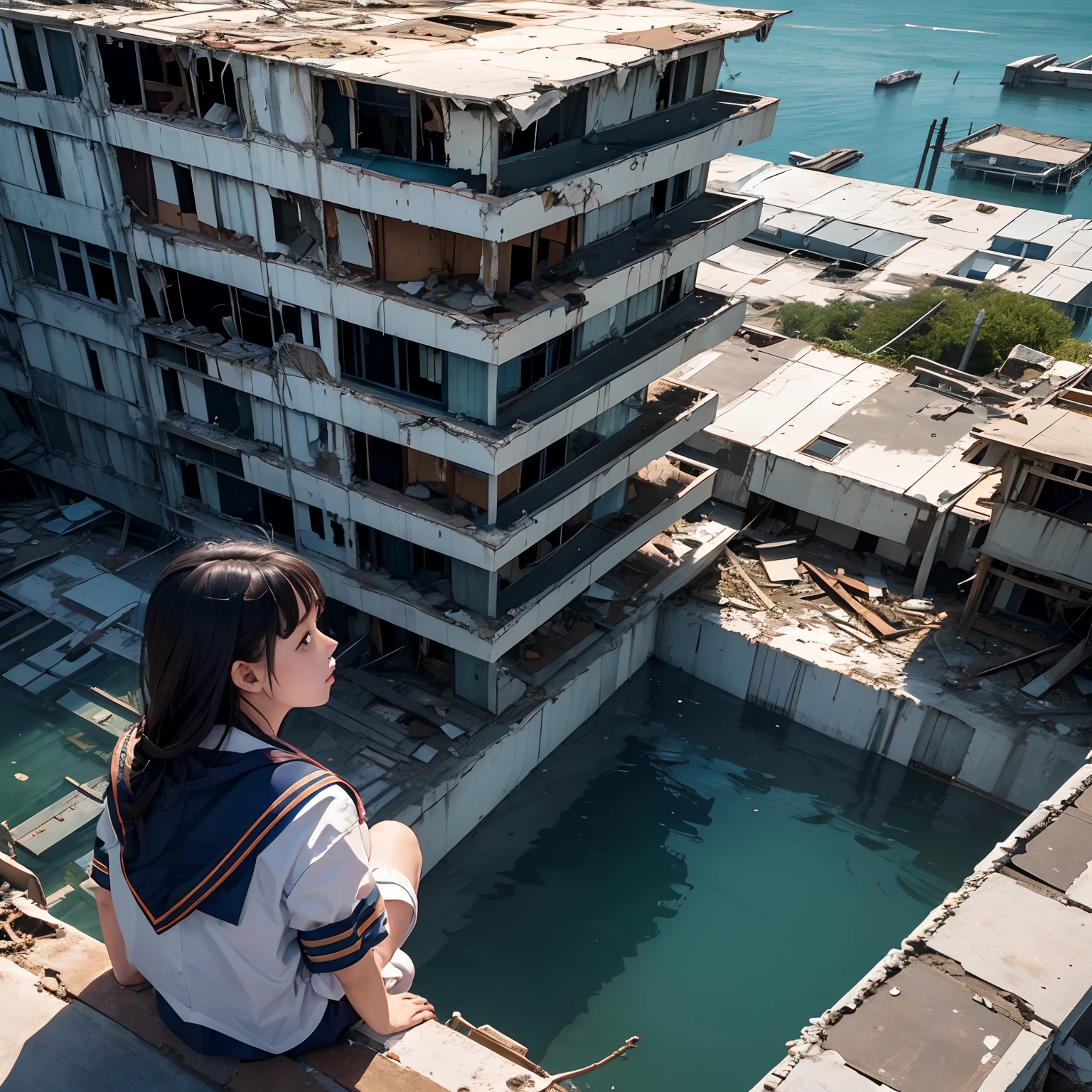 A girl in a sailor suit looks down on the world from the roof of a dilapidated building, in a world that is in ruins and submerged in water.