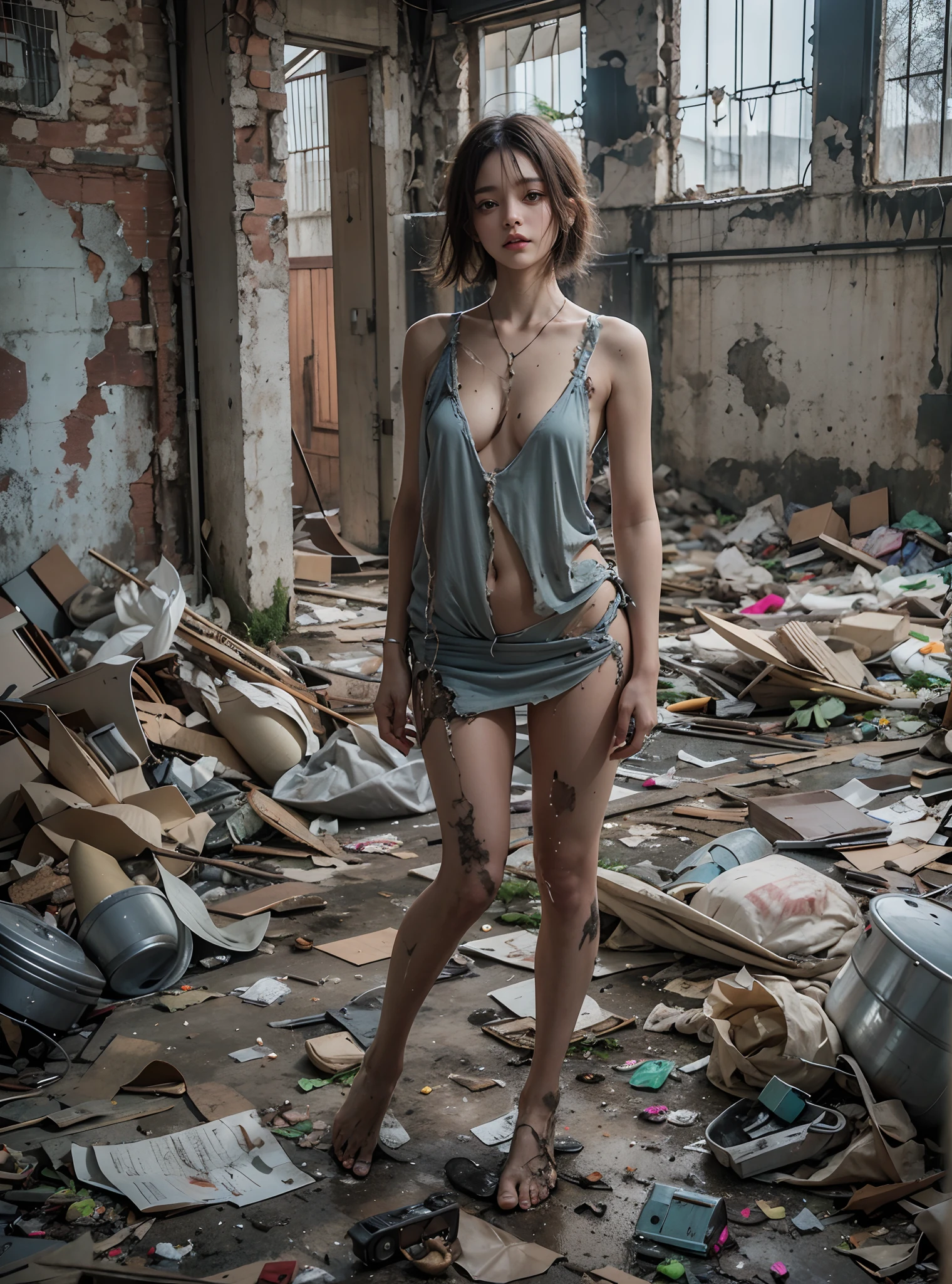 tmasterpiece，best qualtiy，abandoned building，Garbage all over the ground，full-body portraits，Stand naturally，face to the viewer，very beautiful long slim legs，The barefoot，Naked all over the body，full body exposed，exhibitionists，Systemic random exposure