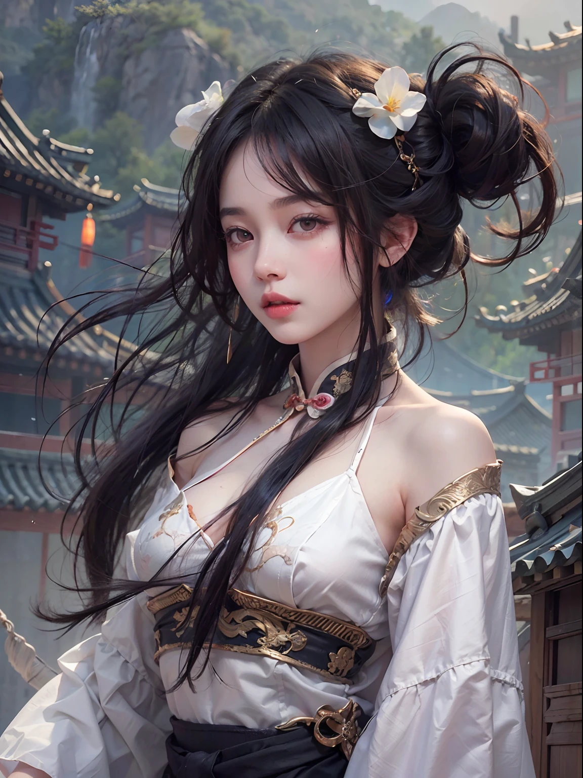 nsfw, 1girl, nude, (masterpiece: 1.4), (8K, realistic, raw photo, best quality: 1.4), skirtlift, standing on mountain top, nipple areola shape clear, beautiful breasts, Chinese girl, beautiful cute face, (real face: 1.4), perfect pussy, bottom_view, beautiful hairstyle, realistic brown eyes, beautiful detail eyes, (real skin: 1.3), beautiful skin, attractive, ultra high resolution, ultra realistic, cinematic lighting, black colored hair, long hair, twin ponytails, white ribbons, ancient China, Chinese mythology, dragon