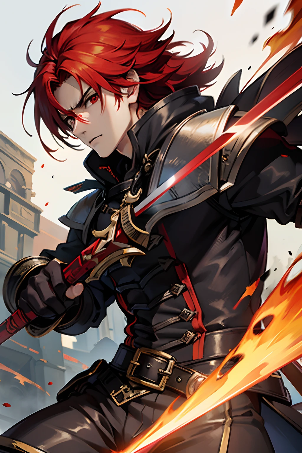 Fire damaged hair,1 man, Red Eyes, Serious expression, Monster Hunter Style, sword on hand, rowdy, high details