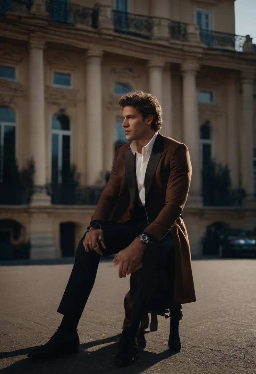 corps entier, wide-angle photo portrait of the body of a handsome man with back turned near lamborghini, (40 ans:1.1), (shaven:1.2) , (curly short brown hair:1.2),(Cheveux courts:1.3). Dark brown tight velvet suit, (La veste a des motifs de fleurs noires:1.2). (posing backwards outside the mansion with a lamborghini:1.1), crowded street with cafes in the distance, Cold and dark sunset at dusk, (Edge Light:1.1), (hard light on the skin:1.2), (ombres dures, dark themed, Contraste profond:1.1), (photographie de portrait par Annie Liebovitz), Dark mint theme and choral aesthetics, (skin imperfections)