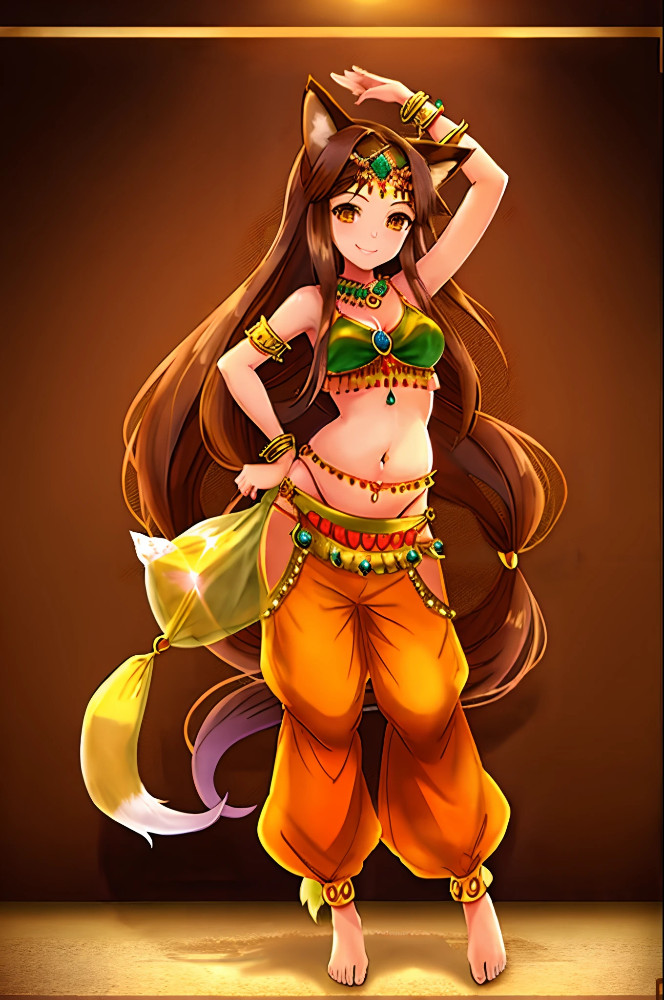 (((fox girl))), (((brown hair))), (((smile))), (((full body))), (((standing pose))), (((bikini top))), (((jewelry))), ((((very long and baggy Belly Dance Harem Pants)))), (((bare feet))), (((fully detailed)))