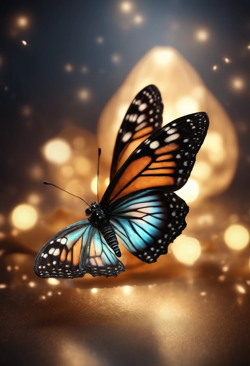 (master part), (best quality), (HDR), 8K resolution, extremely detailed hyper-realistic mechanical butterfly, cinematic view, background white, effects glow, New Year's Eve theme