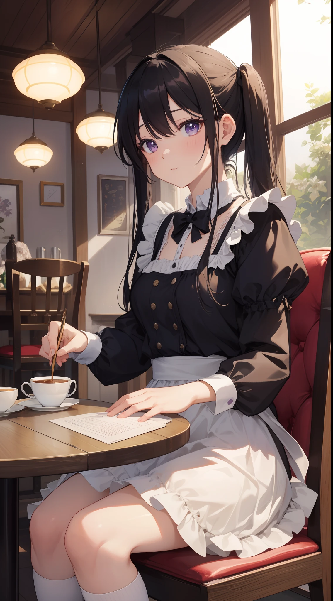 「In the middle of a bustling city、There is a quaint little café that looks like straight out of a fairy tale。Its name is also「Maiden Enchantment」。It is famous for its unique theme of maid cafes.。Chandeliers suspended from the ceiling、Luxurious velvet chair、walls decorated with intricate wallpaper, etc.、Victorian elegance blends modern chic。 In the middle of this enchanting environment is、This is Yuki, the main character.。『Maiden Enchantment』Although the maid of、More than just a maid。Jet-black hair tied into twin tails、Pure white apron over navy blue dress、knee high socks、And she in polished black shoes、Embodies the perfect blend of elegance and charm。Her deep purple eyes are、Always shines with mischievous spirit and curiosity。 Yuki is not known only for her impeccable appearance。She is the heart and soul of the café。In a melodious voice like a nightingale、She often serenades classic ballads and modern hits to clients.、Make your customers' experience truly magical。She also、All customers' favorite dishes and、I also have a talent for remembering my taste in coffee and tea。 however、What really sets Yuki apart is、It's her uncanny ability to know what someone needs。Be a kind word、Be attentive、Or even perfectly brewed tea.、She always knows how to make someone's day better。 The sun goes down、When the fairy lights in the café begin to shine、You can see Yuki writing her thoughts in a diary in her favorite place by the window。Some say that this is a collection of stories from her café, others、Some believe it is a story of her own dreams and aspirations。 The overall image is、A fusion of everyday café life with a little magic and wonder、It should capture the essence of Yuki's world。From the lace on Yuki's apron to the steam rising from her teacup、Every detail is carefully expressed.、Beholder『Maiden enchantment』It has become a masterpiece that will take you straight into the world of。」