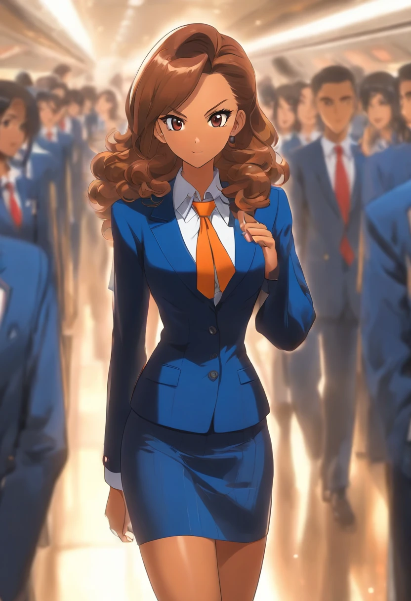 {{Mature female, Caramel Brown skin Black}}, looking at viewer, hazel eyes, extremely detailed, medium breasts, brown hair, airport, flight attendant, uniform, blue blazer, blue necktie, blue skirt, medium skirt, pencil skirt, blue high heels, happy, best quality, high quality, extremely detailed anime screencap, {{{{crowded, multiple girls, thousands of sisters, millions of sisters,billions of sisters, clone, doppelganger, matching outfit, matching hairstyle}}}}, full body