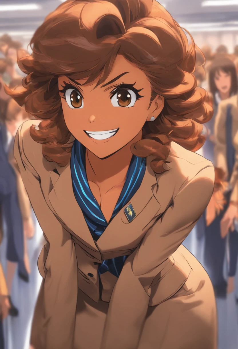 {{Mature female, Caramel Brown skin Black}}, looking at viewer, hazel eyes, extremely detailed, medium breasts, brown hair, airport, flight attendant, uniform, blue blazer, blue necktie, blue skirt, medium skirt, pencil skirt, blue high heels, happy, best quality, high quality, extremely detailed anime screencap, {{{{crowded, multiple girls, thousands of sisters, millions of sisters,billions of sisters, clone, doppelganger, matching outfit, matching hairstyle}}}}, full body