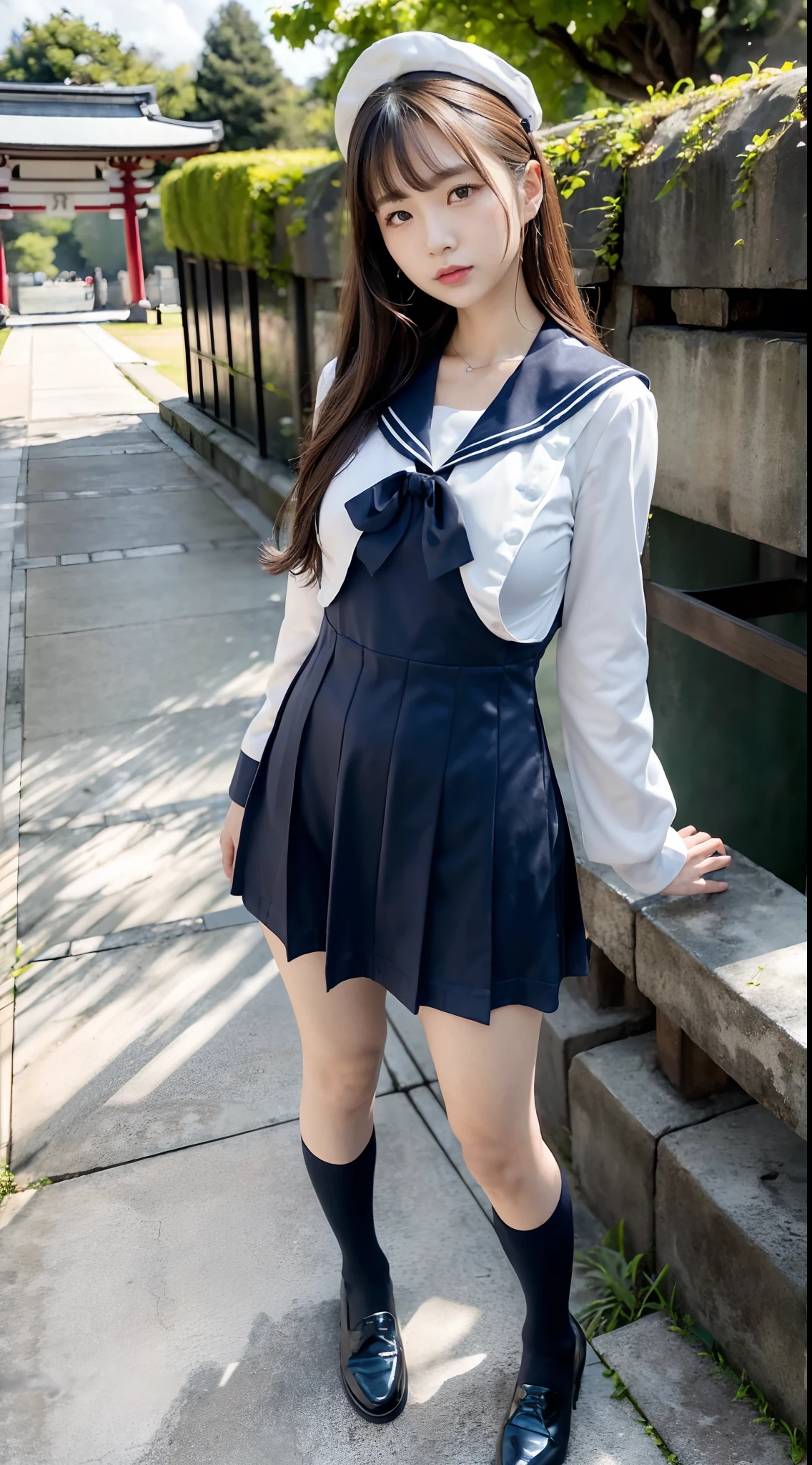 One girl, thigh height socks, Cute, brown-haired, 14 years old, Smile, Looks pure, Sailor Suit, Photography, Realistic, Best Quality, Detailed face, Full body, slender, Slender legs, Long legs