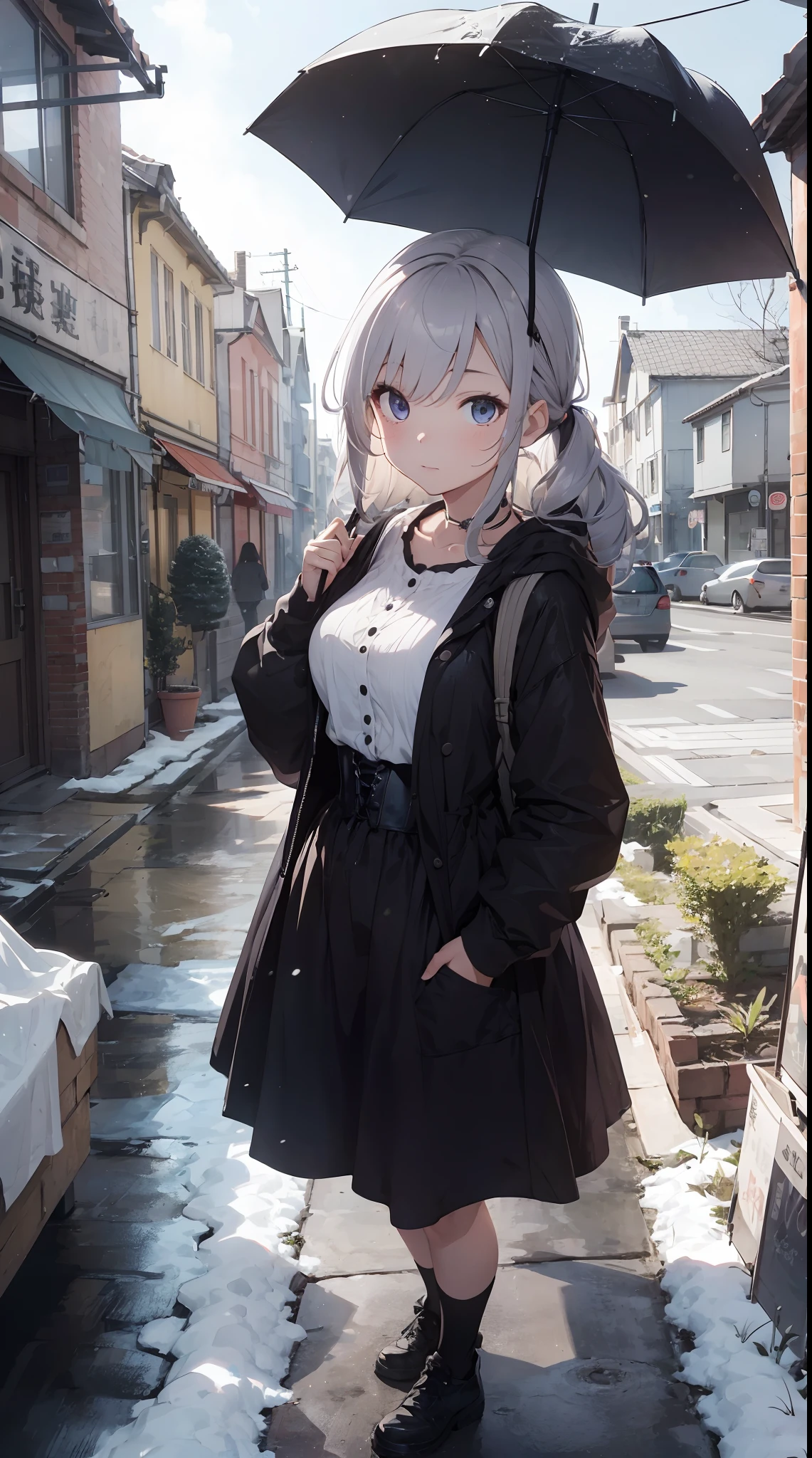 Background with: Snowy night cityscape。 Drawing detailed buildings and streets with meticulously three-dimensional thinking。 Snow-covered roof and streetlights。
人物: 20 years girl。Hairstyle is bob、Hair color is blonde、Hair quality is wavy。
Facial expressions and eyes: serious facial expression、Eyes are blue、Realistic and complex eyes。
garments: Black and purple Gothic style clothes。Long sleeves and skirts、Corset available。Silver chain for decoration。
Poses:Holding an umbrella in his left hand、Right hand in pocket。
effect:Focus on the face from above。
styles: Ghibli style
Special elements:soha