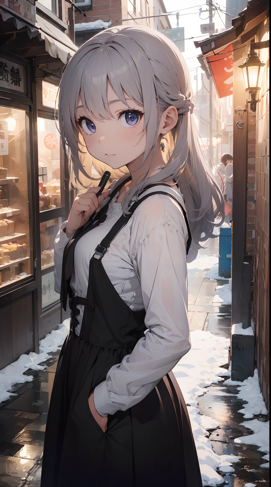 Background with: Snowy night cityscape。 Drawing detailed buildings and streets with meticulously three-dimensional thinking。 Snow-covered roof and streetlights。
人物: 20 years girl。Hairstyle is bob、Hair color is blonde、Hair quality is wavy。
Facial expressions and eyes: serious facial expression、Eyes are blue、Realistic and complex eyes。
garments: Black and purple Gothic style clothes。Long sleeves and skirts、Corset available。Silver chain for decoration。
Poses:Holding an umbrella in his left hand、Right hand in pocket。
effect:Focus on the face from above。
styles: Ghibli style
Special elements:soha