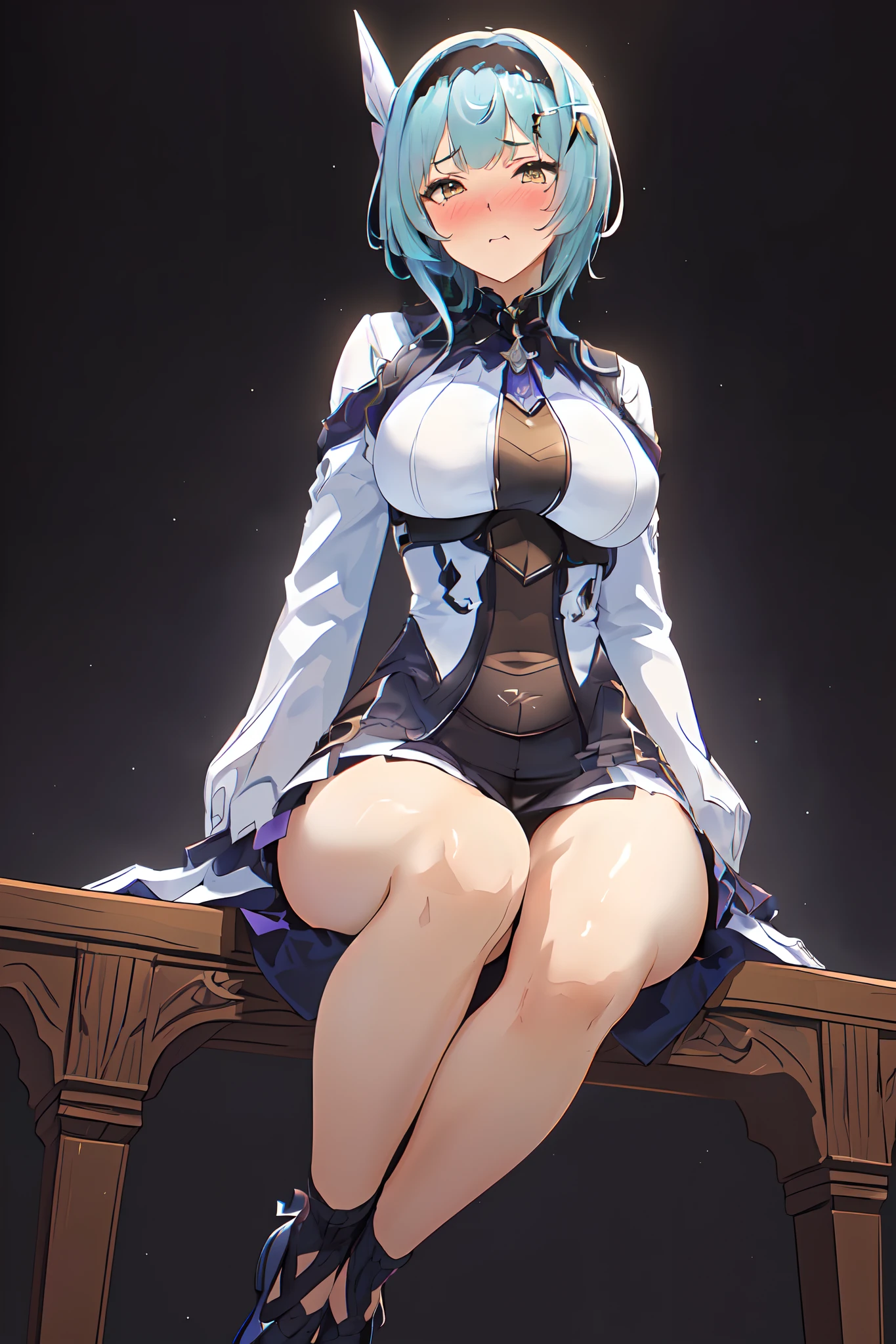 best quality, masterpiece, highres, solo, (simple background:1.10}, (sitting:1.15}, {:1.40}, {bondage:1.30}, mature, blue_hair, bangs, hairband, breasts, black_hairband, medium_hair, hair_ornament, blush, yellow_eyes, large_breasts, purple_eyes, looking at viewer, {embarrassed:1.10}, provoking, hand on breast, POV, from below. wide angle, sitting lady position, full body