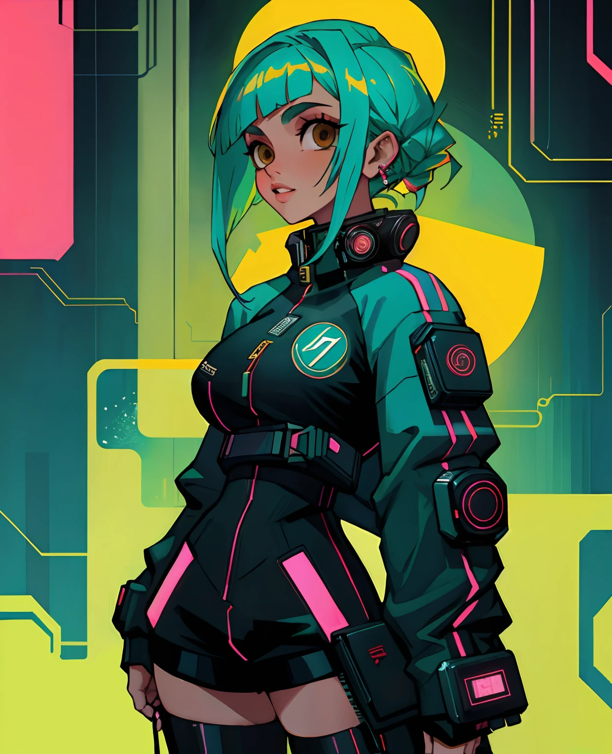 ((melhor qualidade)), ((master part)), ultra-detalhada,Mulher com uma roupa futurista posando para uma foto, Cyberpunk feminino, personagem cyberpunk, arte digital, Garota cyberpunk, no estilo cyberpunk, estilo cyberpunk silenciado, modelo bonito da mulher cyberpunk, roupa cyberpunkn. veste um (top),((Beautiful and Aesthetic)), sexy, seios grandes, gostosa, dingy gym, Cyberpunk, dingy gym, rosto bonito detalhado, brown eyes beautiful lips, NSFW Luz