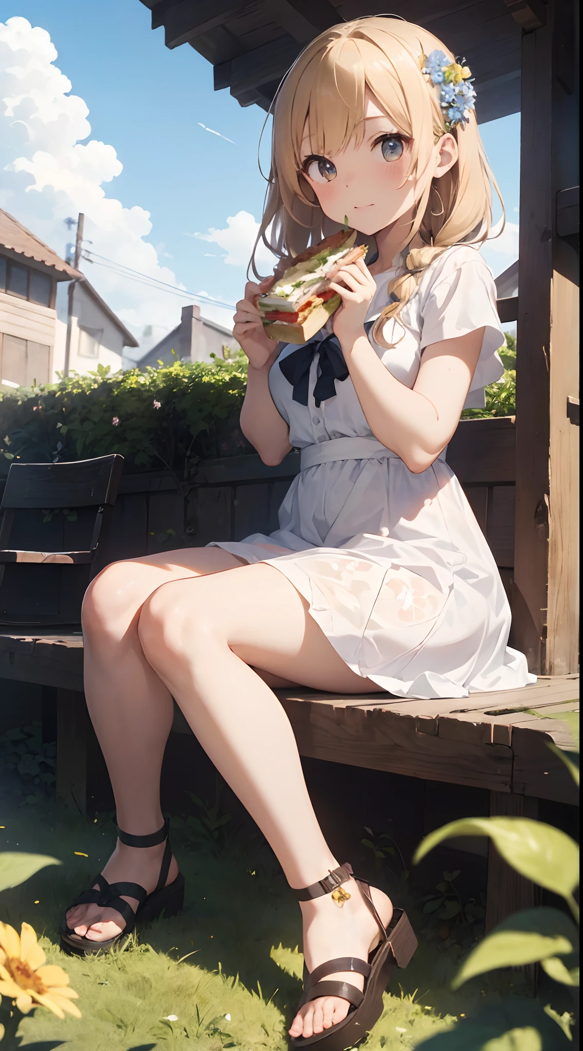 sandwich:Bread with white bread、Ingredients are ham, cheese, lettuce and tomatoes、It is topped with mayonnaise and mustard。The sandwich is cut and、Cross-section is visible。The sandwich is on the plate.、Served with napkins, forks and knives。 girl with:Her hair is blonde and long.、Braided。The face is round and cute。Clothes in white and blue dresses、Has a floral pattern。Shoes in white sandals、Ribbons are attached to the ankles。The girl is sitting、I have a sandwich in my hand.、Eating happily。 scene:There is a beautiful scene floating in the background.、Blue sky, white clouds, green meadow and colorful flowers。The scene is softly painted like a watercolor painting.、It has a dreamy atmosphere。The scene expresses the imagination and sensibility of the girl、Pubic hair shows through、(Beautiful bare pubic hair) ,more_Details:1.5, (More and more_Details:1.9)、