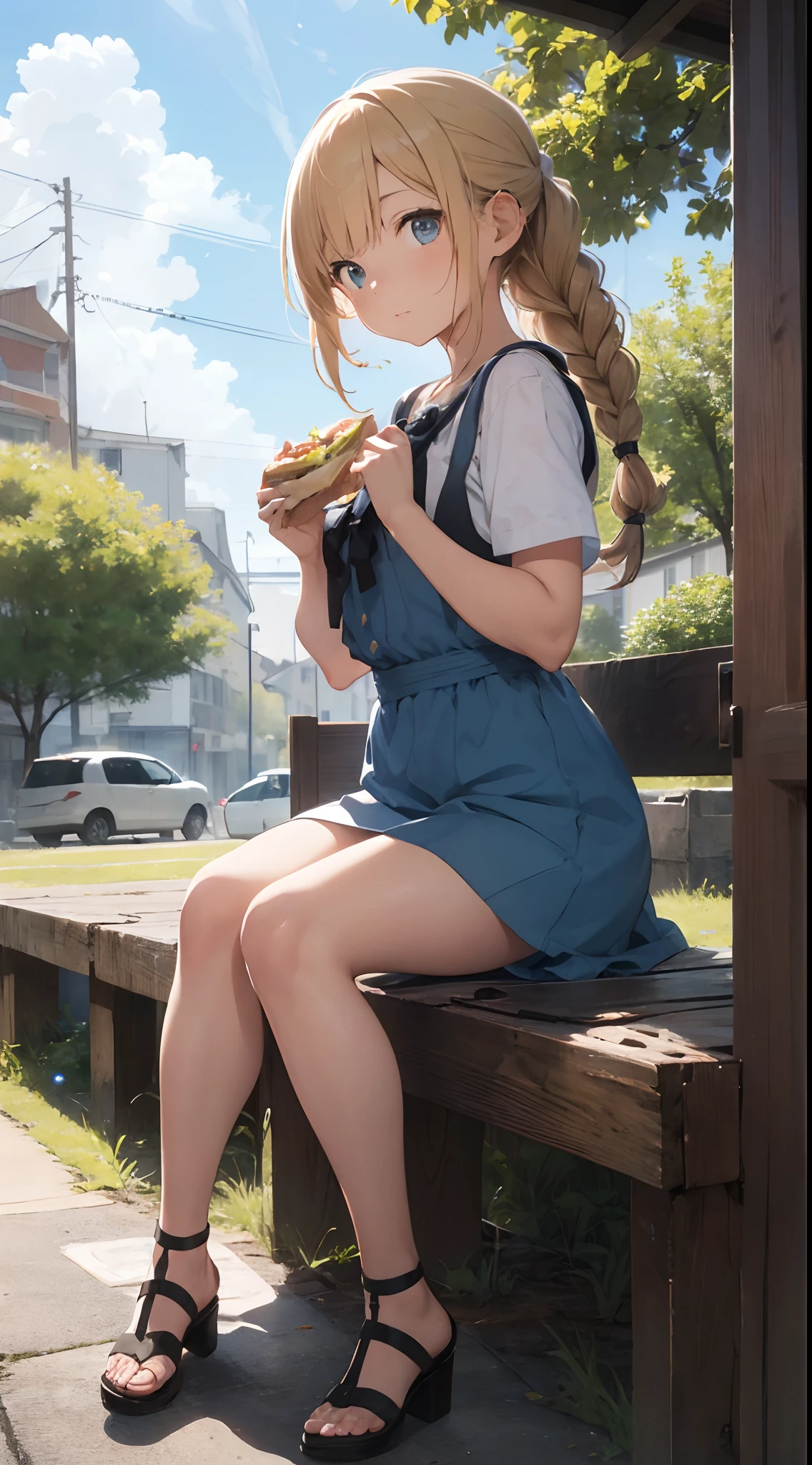 sandwich：Bread with white bread、Ingredients are ham, cheese, lettuce and tomatoes、It is topped with mayonnaise and mustard。The sandwich is cut and、Cross-section is visible。The sandwich is on the plate.、Served with napkins, forks and knives。 girl with：Her hair is blonde and long.、Braided。The face is round and cute。Clothes in white and blue dresses、Has a floral pattern。Shoes in white sandals、Ribbons are attached to the ankles。The girl is sitting、I have a sandwich in my hand.、Eating happily。 scene：There is a beautiful scene floating in the background.、Blue sky, white clouds, green meadow and colorful flowers。The scene is softly painted like a watercolor painting.、It has a dreamy atmosphere。The scene expresses the imagination and sensibility of the girl、Pubic hair shows through、(Beautiful bare pubic hair) ,more_Details:1.5, (More and more_Details:1.9)、