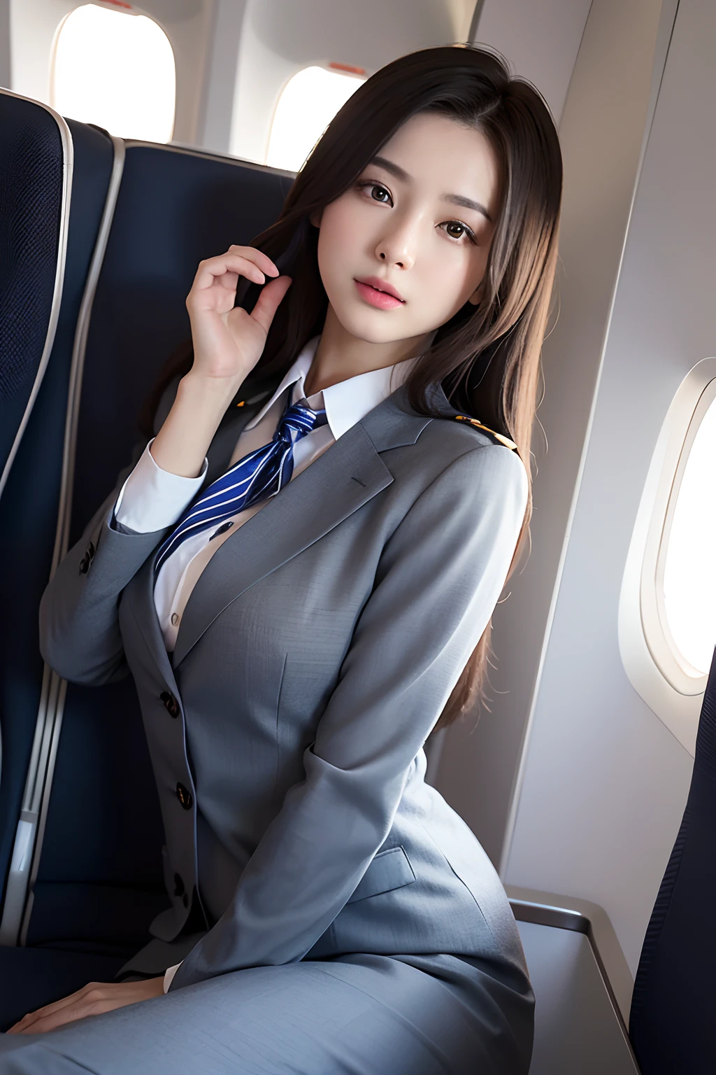 Sexy woman in flight attendant uniform、ukranian、Ukrainian goddess、Jaw-dropping beauty、Wear surreal pantyhose、Sit cross-legged on an airplane..........、A smile、high-heels、Gaming_NFFSW (English) (English) (English) (English) (English) (English) (English) (English) (English) (English) (English), masutepiece, Best quality, Light reality, RAW photogr、8K, A high resolution, Detailed skins, 8K, Ultra HD, digital SLR camera, Soft lighting, High quality, filmgrain, Fujifilm XT3, realistic skin textures、shiny skins、Bare with thighs!!!