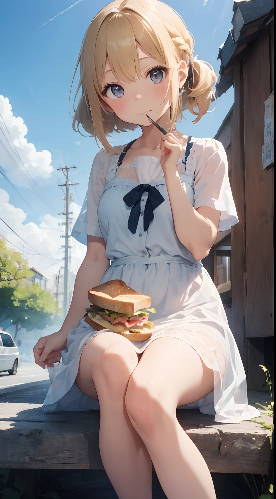 sandwich:Bread with white bread、Ingredients are ham, cheese, lettuce and tomatoes、It is topped with mayonnaise and mustard。The sandwich is cut and、Cross-section is visible。The sandwich is on the plate.、Served with napkins, forks and knives。 girl with:Her hair is blonde and long.、Braided。The face is round and cute。Clothes in white and blue dresses、Has a floral pattern。Shoes in white sandals、Ribbons are attached to the ankles。The girl is sitting、I have a sandwich in my hand.、Eating happily。 scene:There is a beautiful scene floating in the background.、Blue sky, white clouds, green meadow and colorful flowers。The scene is softly painted like a watercolor painting.、It has a dreamy atmosphere。The scene expresses the imagination and sensibility of the girl、Pubic hair shows through、(Beautiful bare pubic hair) ,more_Details:1.5, (More and more_Details:1.9)、