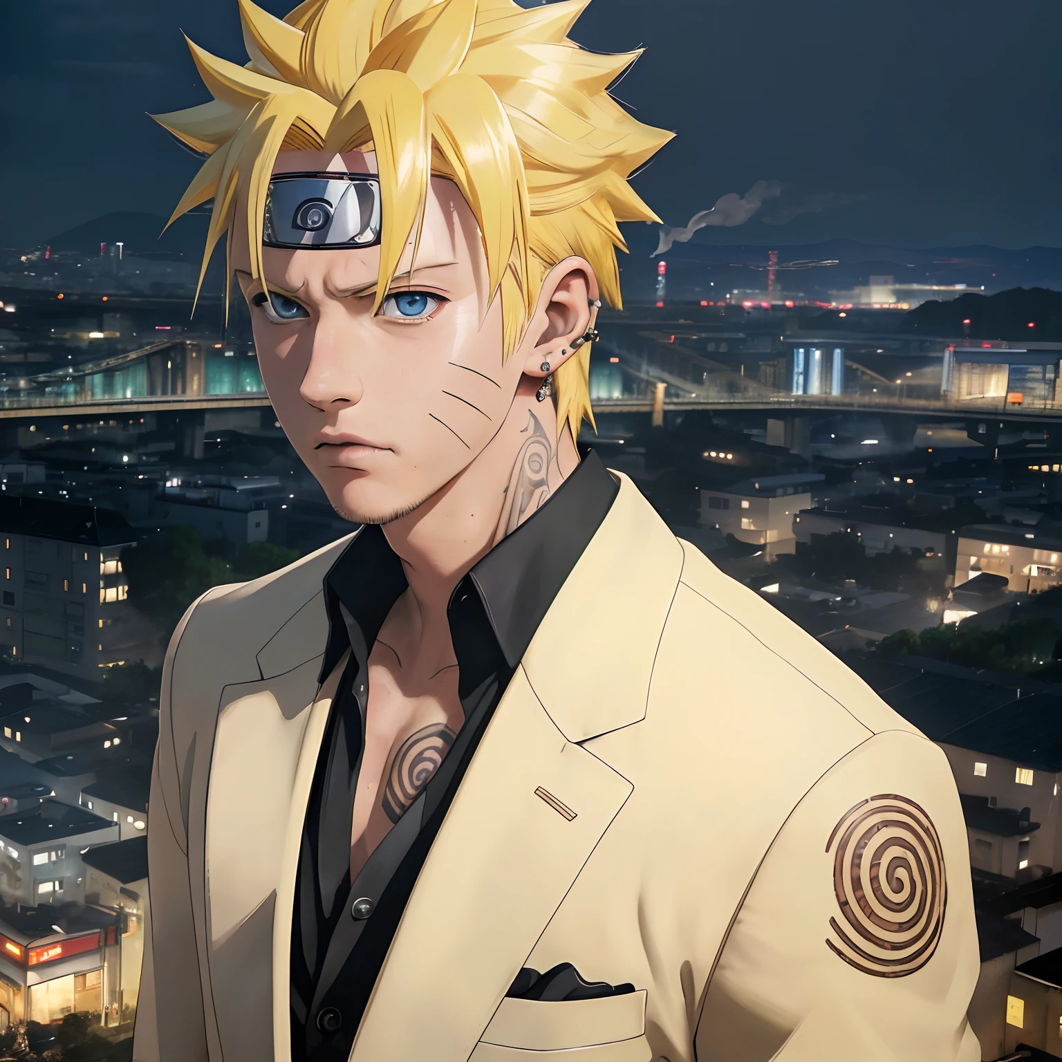 (8k photo, best quality, masterpiece:1.2),(realistic, photo-realistic:1.37) young ,handsome man, Uzumaki Naruto, short yellow hair, blue eyes, white skin, detail face, black suit, bad boy, yakuza, tattoo, smoke cigarrate, a lots gangster night town in backdrop, action pose, skull earring, necklage,