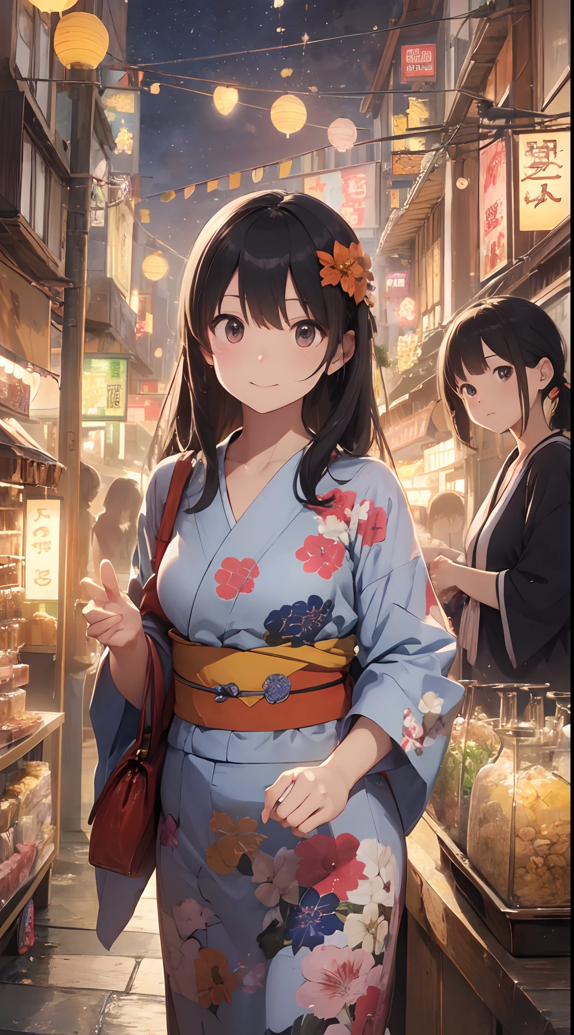 Quality improvement、hightquality、16Kwall-paper、Masterpiece、Meticulous portrayal、Detailed down to the smallest detail、intricate detailes、Backgrounds with depth、Three-dimensional background、Official Art、Best Illustration Award Winner、Effect with people standing out、The best rendition、人物:Two women and one man in yukata、Smiling and walking together、Women in colorful yukata with floral patterns and polka dots、Men wear dark blue yukata、There are also small items such as hair ornaments and lanterns Background:Fireworks are set off in the night sky、A lively summer festival with food stalls and lanterns、You can feel the atmosphere of crowds and festivals Impact:The color and shape of the fireworks are different々Eye-catching with、The facial expressions and poses of the people are fun and empathetic.、The details of the stalls and lanterns are detailed and realistic.、Beautiful contrast between light and shadow