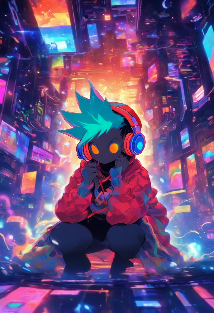 pixarstyle Monster Boy, Caramel Brown skin Black boy moor, Bald Hairstyle, Streetwear, Full Slime Body, colors neon, risa loca, malvada ,A digital window floating in cyber space and an operator woman sitting on a chair floating in space, operating the window floating around her. A beautiful face and brightly colored shining eyes. She wears a fancy hoodie with a hood and headphones. The lights of the digital window faintly illuminate the dark electronic space. The painting is detailed and well-drawn. Vivid colors. High image quality.