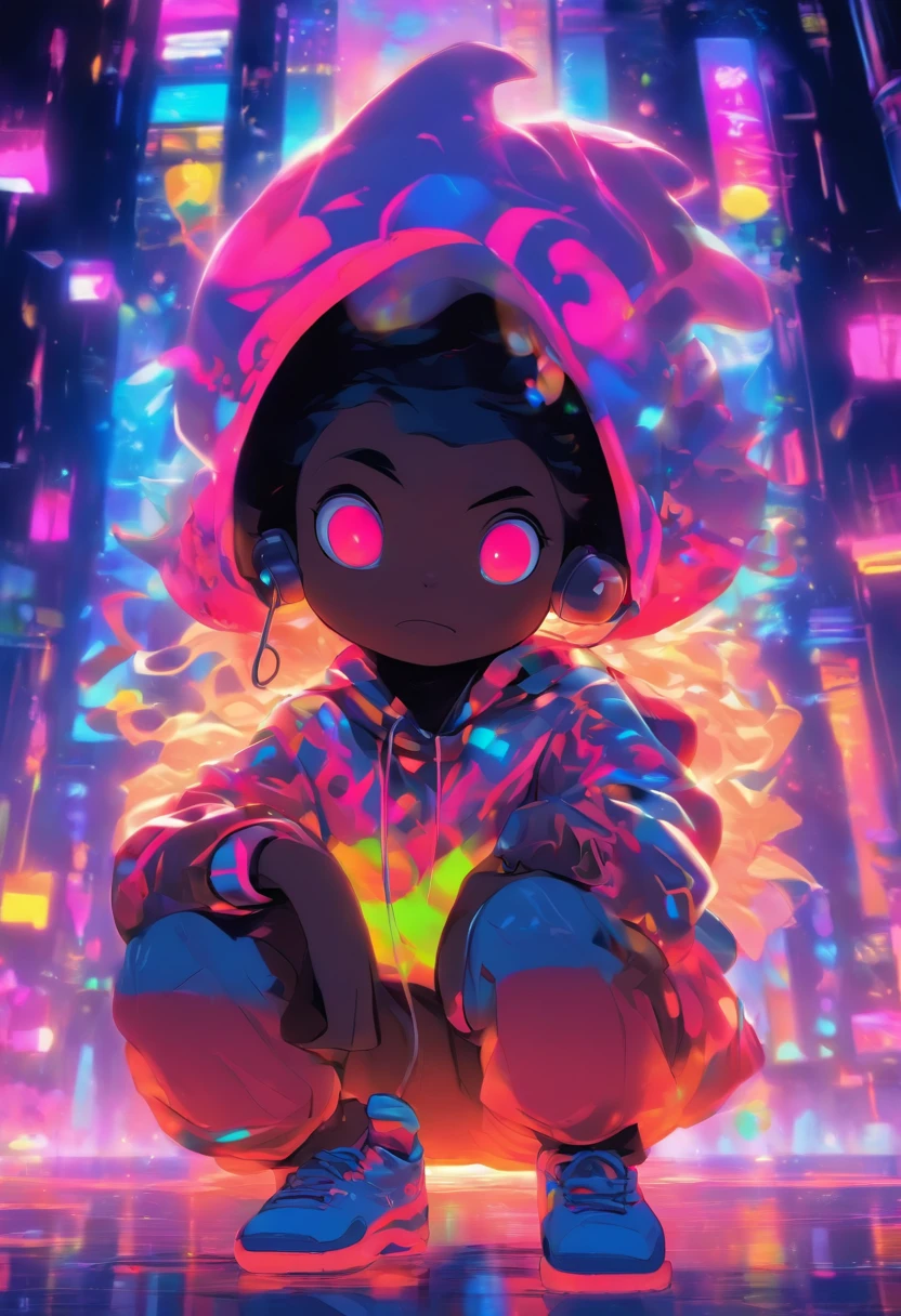 pixarstyle Monster Boy, Caramel Brown skin Black boy moor, Bald Hairstyle, Streetwear, Full Slime Body, colors neon, risa loca, malvada ,A digital window floating in cyber space and an operator woman sitting on a chair floating in space, operating the window floating around her. A beautiful face and brightly colored shining eyes. She wears a fancy hoodie with a hood and headphones. The lights of the digital window faintly illuminate the dark electronic space. The painting is detailed and well-drawn. Vivid colors. High image quality.