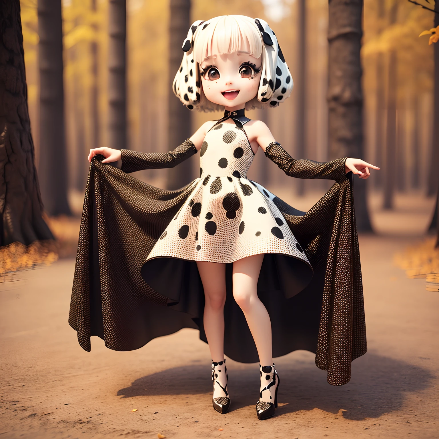 Cute Chibi Anime,(((Chibi 3D))) (Best Quality) (Master Price)、Dalmatian ears、Black Hair Corn Row Hairstyle、(Dalmatian Pattern Dresses:1.4)、(Dalmatian Pattern High Heels:1.4)、a small face、petibody、Open your mouth and smile、Standing、The background is a fairytale autumn forest
