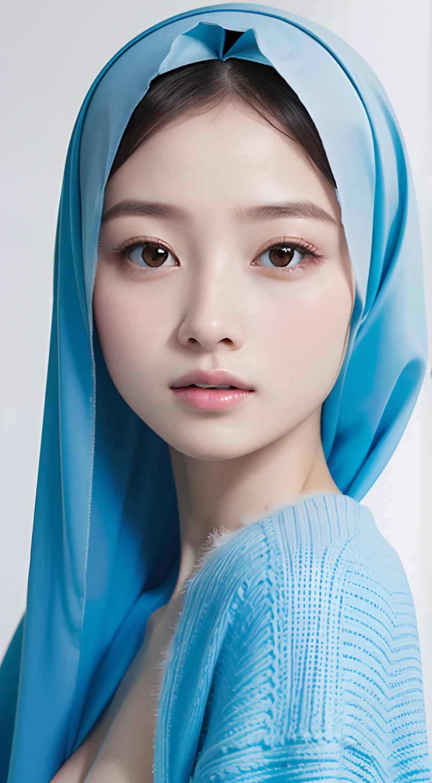 masterpiece, top-quality, 8K, absurderes, a beauty girl, (full body shot), kawaii, Street, (fullnude:1.5), wearing blue pasmina hijab, hijab, A slender, No makeup, Near and far law, depth of fields, A hyper-realistic, hight resolution, a picture, foco nítido, nffsw, face lights, 动态照明, Highest detail, Extreme details、ultra-detailliert、detaile、authentic skin、delicated facial features、Easy Negative