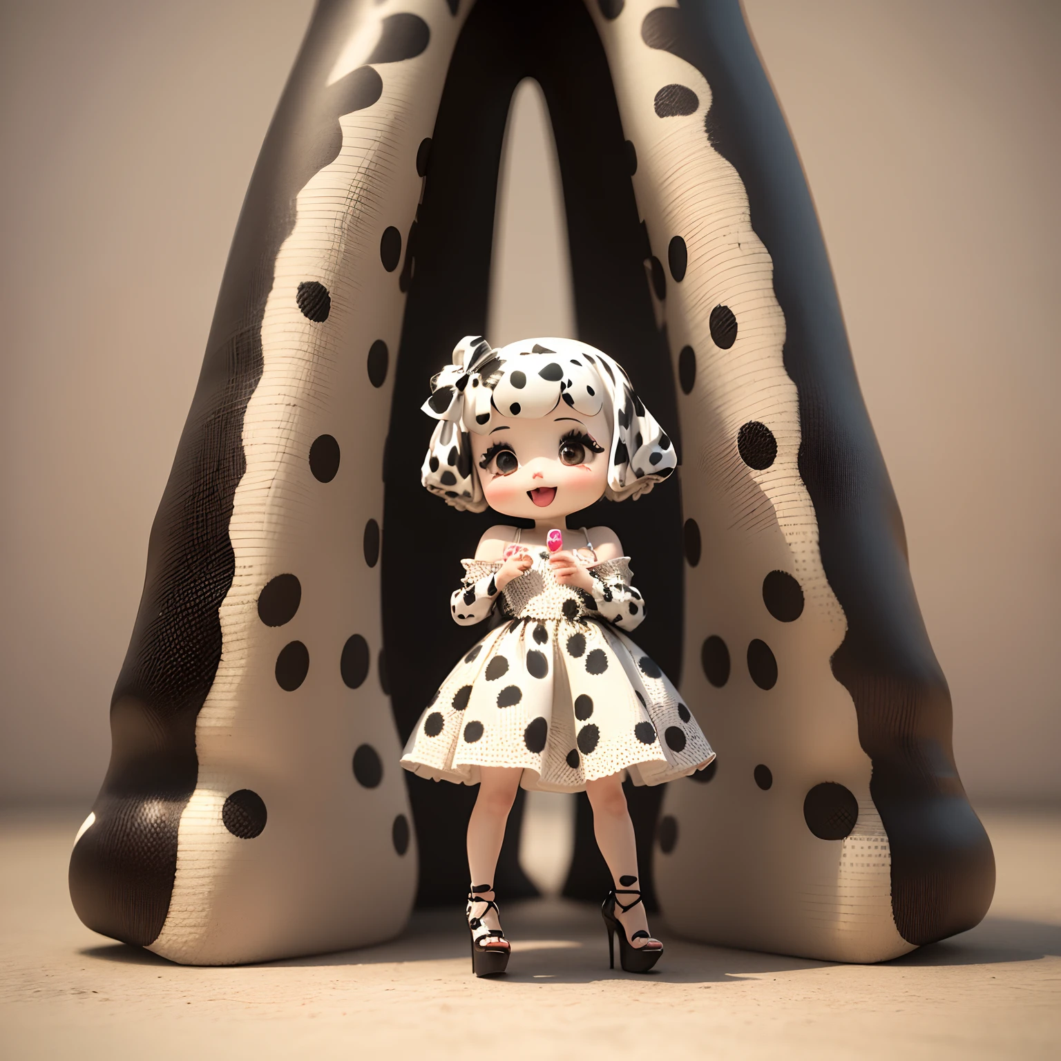 Cute Baby Chibi Anime,(((Chibi 3D))) (Best Quality) (Master Price)、Dalmatian ears、Black Hair Corn Row Hairstyle、(Dalmatian Pattern Dresses:1.4)、(Dalmatian Pattern High Heels:1.4)、a small face、petite body、Open your mouth and smile、Standing、The background is a fairytale autumn forest