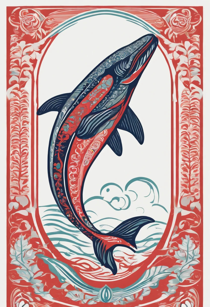 Clean drawing of Nishikigoi jumping out of the water、A simple Haida design flows through a whale、Haida design has simple, clean flowing lines with no filler pattern on the inside、Side view of the whole body、Art Nouveau advertising style、I'm looking with my head down。forward、Cinematic、typography