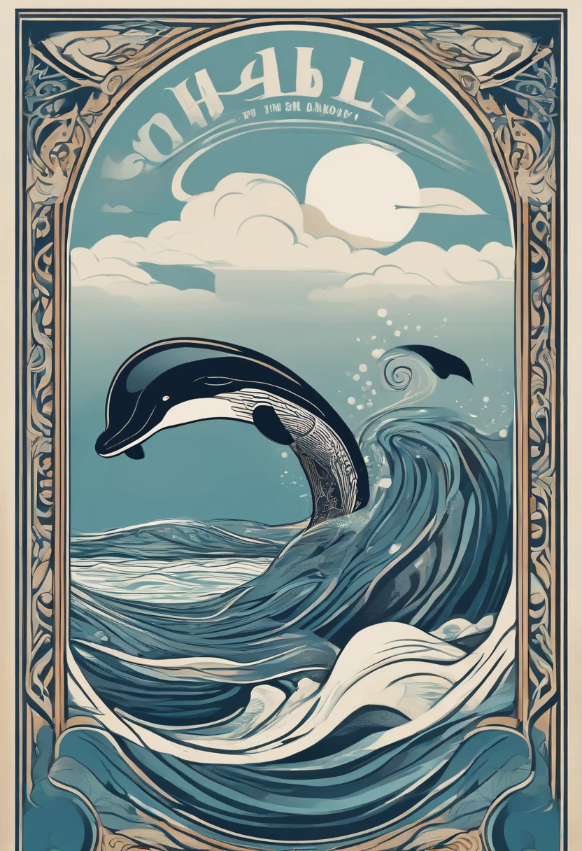 Clean drawing of Nishikigoi jumping out of the water、A simple Haida design flows through a whale、Haida design has simple, clean flowing lines with no filler pattern on the inside、Side view of the whole body、Art Nouveau advertising style、I'm looking with my head down。forward、Cinematic、typography