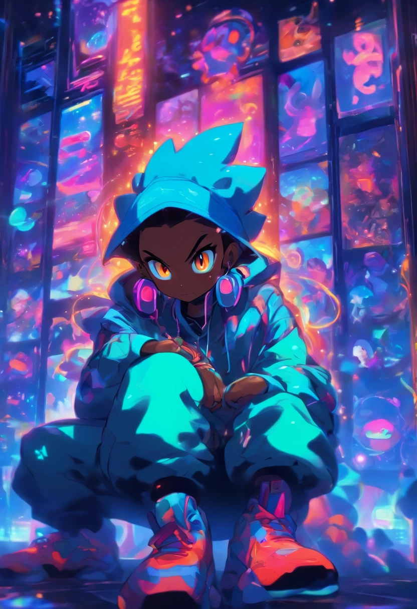 pixarstyle Monster Boy, Caramel Brown skin Black boy moor, Bald Hairstyle, Streetwear, Full Slime Body, colors neon, risa loca, malvada ,A digital window floating in cyber space and an operator woman sitting on a chair floating in space, operating the window floating around her. A beautiful face and brightly colored shining eyes. She wears a fancy hoodie with a hood and headphones. The lights of the digital window faintly illuminate the dark electronic space. The painting is detailed and well-drawn. Vivid colors. High image quality.