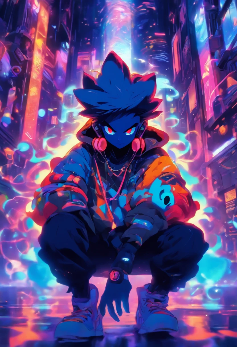 pixarstyle Monster Boy, Caramel Brown skin Black boy moor, Bald Hairstyle, Streetwear, Full Slime Body, colors neon, risa loca, malvada ,A digital window floating in cyber space and an operator woman sitting on a chair floating in space, operating the window floating around her. A beautiful face and brightly colored shining eyes. She wears a fancy hoodie with a hood and headphones. The lights of the digital window faintly illuminate the dark electronic space. The painting is detailed and well-drawn. Vivid colors. High image quality.