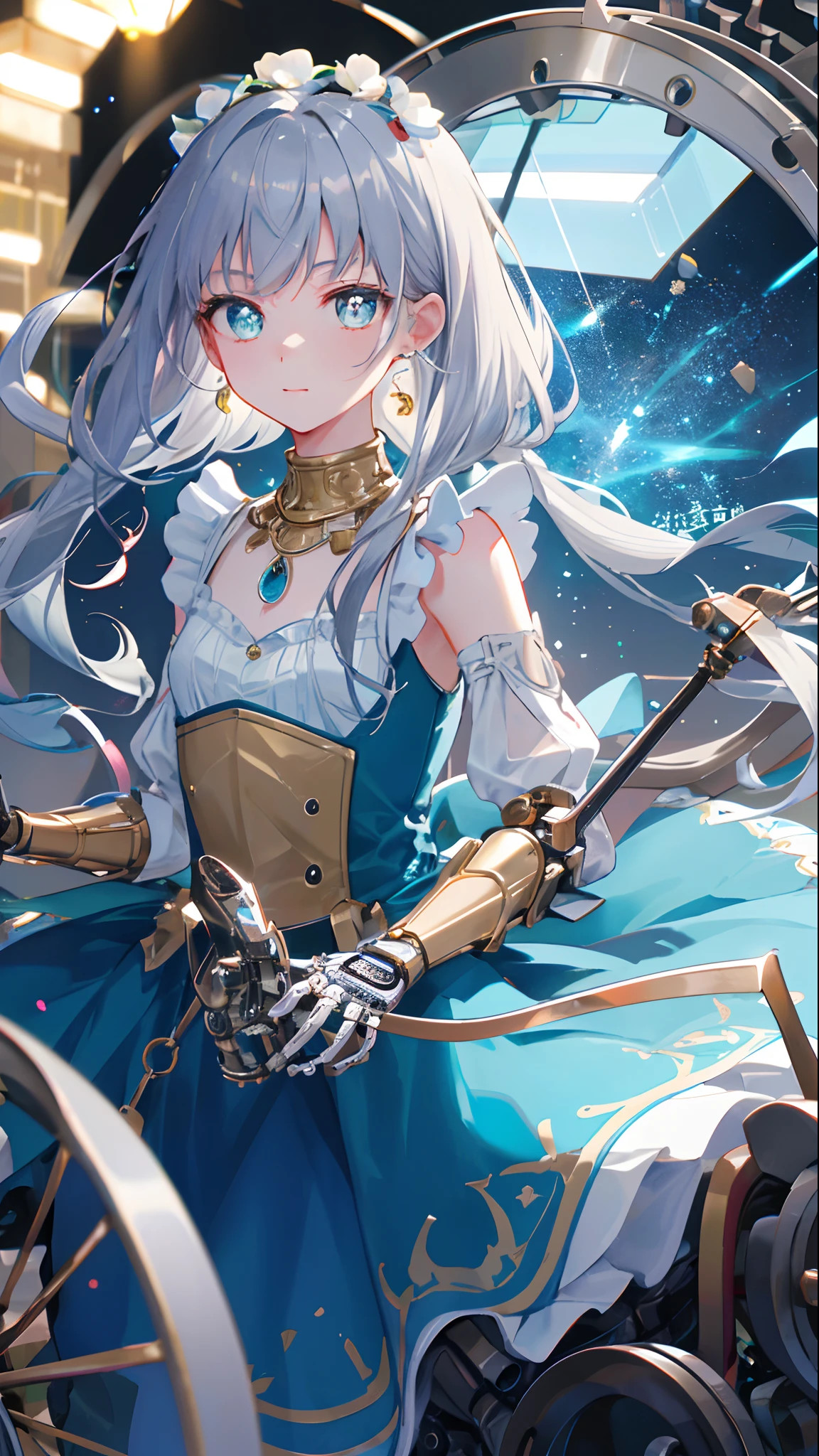 tmasterpiece， best qualtiy， illustratio， Sax Blue， Platinum Earrings， Platinum Necklace， （（Blue maid dress））， ((Mechanical body， machine arm))， 1girll， adolable， （动态照明：1.2）， cinmatic lighting， exquisitefacialfeatures， Detailed eyes， Sharp pupils， realistic pupil， depth of fields， bokeh， Sharp focus， （ultra - detailed， blooms， with light glowing：1.4）， Many small gemstones