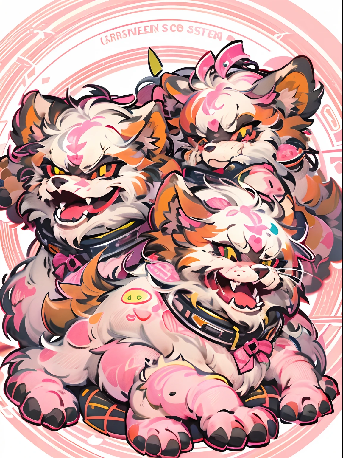 a sticker, Cute Anime-style Cerberus, In a circle, White background, bright pink, It features a simple, ultra-detailliert, Detailed drawing, vectorized, silhuette, 8K, professional sticker design, Flat design, Vector lines, a sticker, Drawing, Drawing, Full-HD