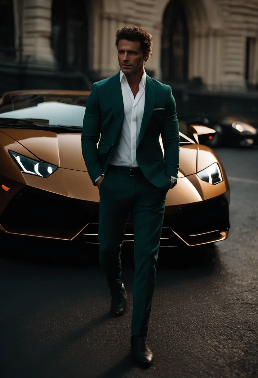wide-angle photo portrait of a handsome man's back about to get into lamborghini, (40 ans:1.1), (shaven:1.2) , (curly short brown hair:1.2),(Cheveux courts:1.3). Dark brown tight velvet suit, (posing backwards outside the mansion with a lamborghini:1.1), crowded street with cafes in the distance, Cold and dark sunset at dusk, (Edge Light:1.1), (hard light on the skin:1.2), (ombres dures, dark themed, Contraste profond:1.1), Dark mint theme and choral aesthetics, (skin imperfections)