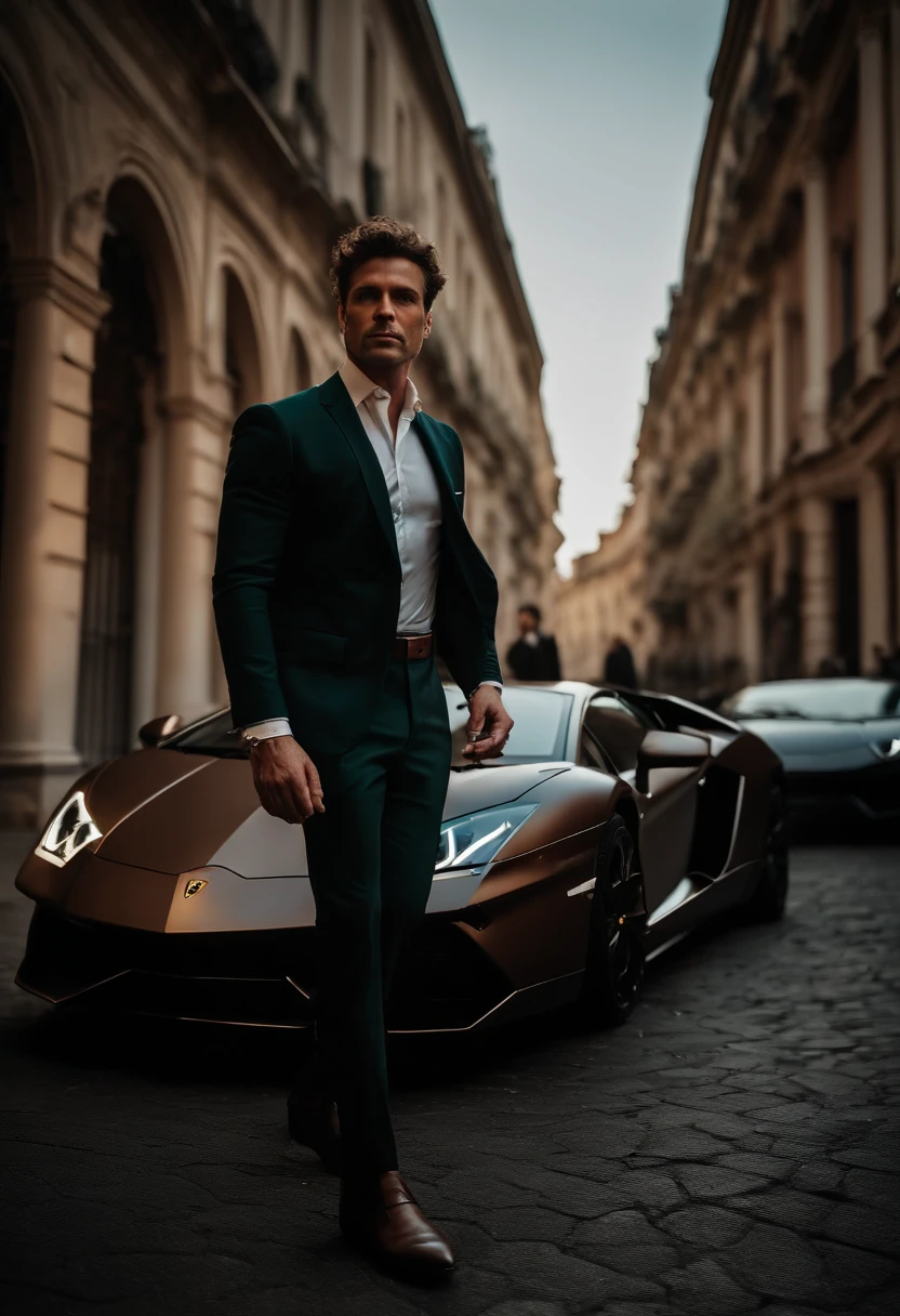 wide-angle photo portrait of a handsome man's back about to get into lamborghini, (40 ans:1.1), (shaven:1.2) , (curly short brown hair:1.2),(Cheveux courts:1.3). Dark brown tight velvet suit, (posing backwards outside the mansion with a lamborghini:1.1), crowded street with cafes in the distance, Cold and dark sunset at dusk, (Edge Light:1.1), (hard light on the skin:1.2), (ombres dures, dark themed, Contraste profond:1.1), Dark mint theme and choral aesthetics, (skin imperfections)