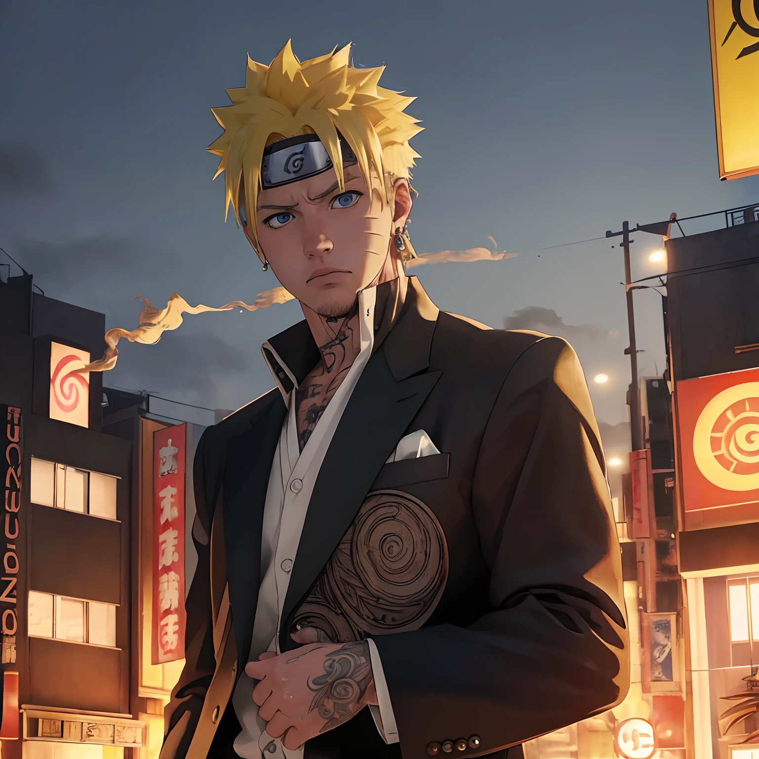 (8k photo, best quality, masterpiece:1.2),(realistic, photo-realistic:1.37) young ,handsome man, Uzumaki Naruto, short yellow hair, blue eyes, white skin, detail face, black suit, bad boy, yakuza, tattoo, smoke cigarrate, a lots gangster night town in backdrop, action pose, skull earring, necklage,