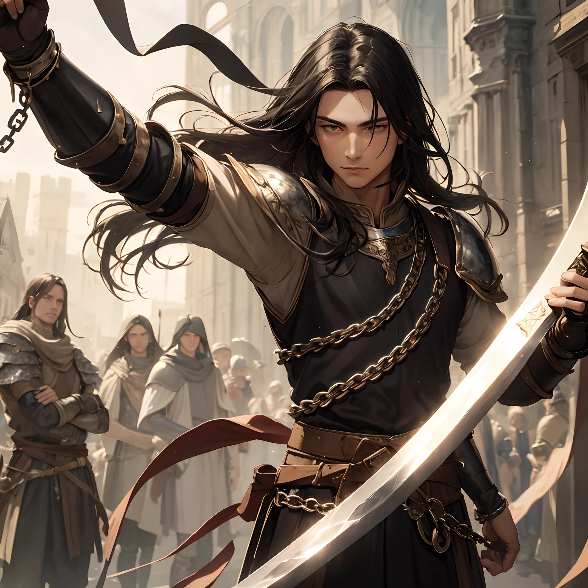 Human Middle Age Male Oil Painting Medieval Warrior Sword Hand Ax Long Bow Silver Chain Armor Black Long Hair