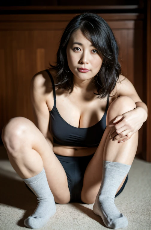 ((Best Quality, 8k, Masterpiece, Portrait)), Photorealistic, Sharp Focus, 1 Beautiful Japan Milf, (looking at viewer, from front, same level), ((Wearing Panties, Sox, Camisole)), Cloth with Cleavage View, 30 Years Old, Wavy Hair, Wrinkles at the Corners of the Eyes, (loose waist:0.5), ((Open your legs wide with one knee up:1.5, show crotch)), (open mouth:0.7), darkness room,
