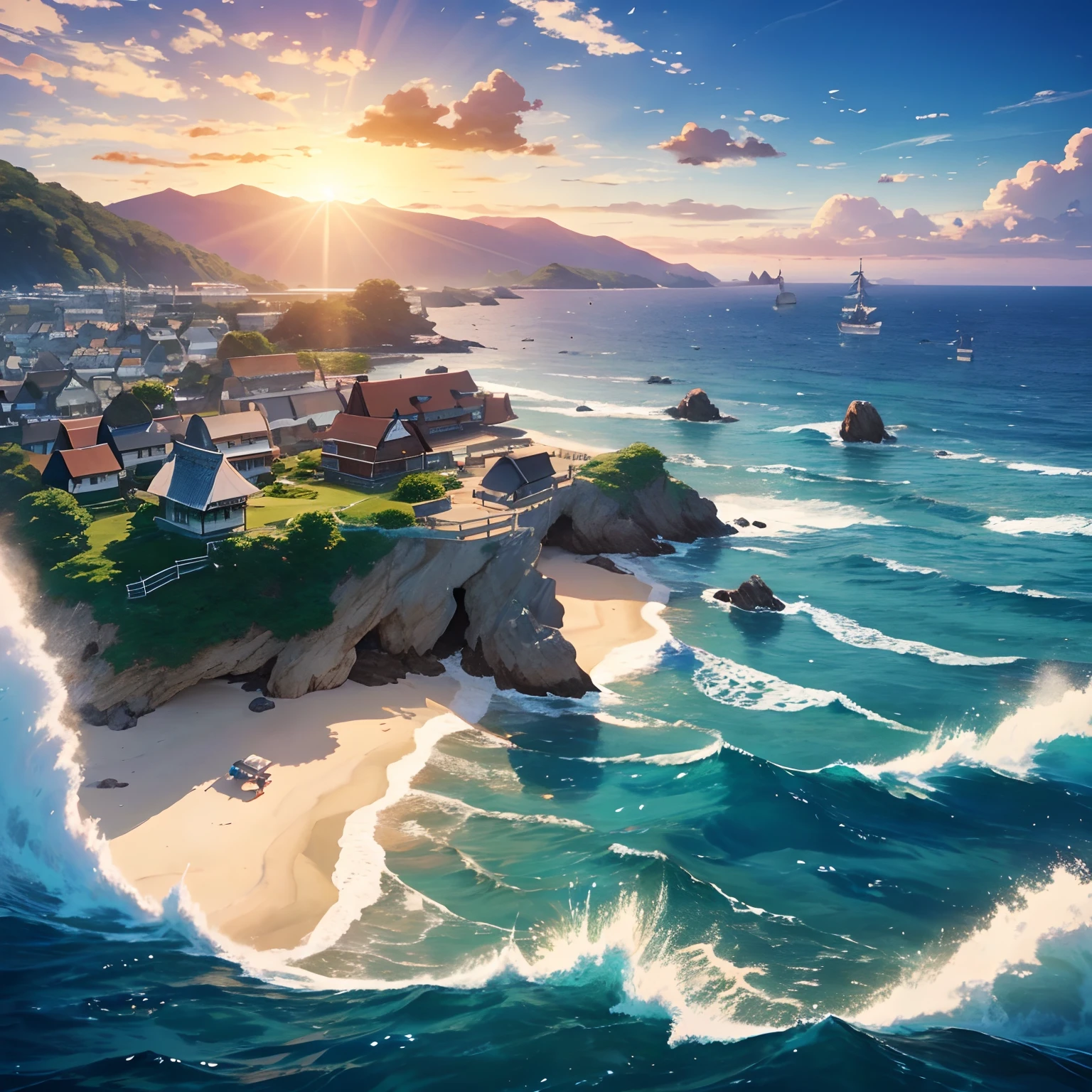 8K HDR,夏天, Rolled up waves,Medium Shot Shot,studio ghibli sky,Studio Ghibli View,Ghibli Studio Environment,Studio Ghibli Sunshine,Detail View – Width 672,in style of hayao miyazaki,Authors:hiyao miyazaki,Beautiful fluffy clouds,Authors:hiyao miyazaki,Studio Ghibli composition