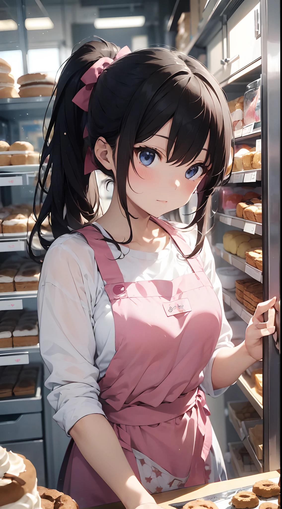 Girl with dream of becoming a pastry chef。She wears a pink apron and a white shirt.、Her hair is in a brown ponytail。Although she is making cakes and cookies in the kitchen、Very skillful and amazingly skillful。She kneaded the dough or、Put it in a mold、It depicts how to decorate、Her face is a mixture of seriousness and fun。In the background, there are showcases and registers with her works.、Make you feel the atmosphere of the store。She's working hard to achieve her dream.、Makes you want to support those who are watching